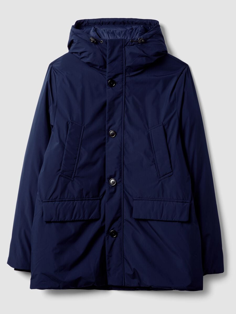 Parka imbottito lungo blu navy con cappuccio_4