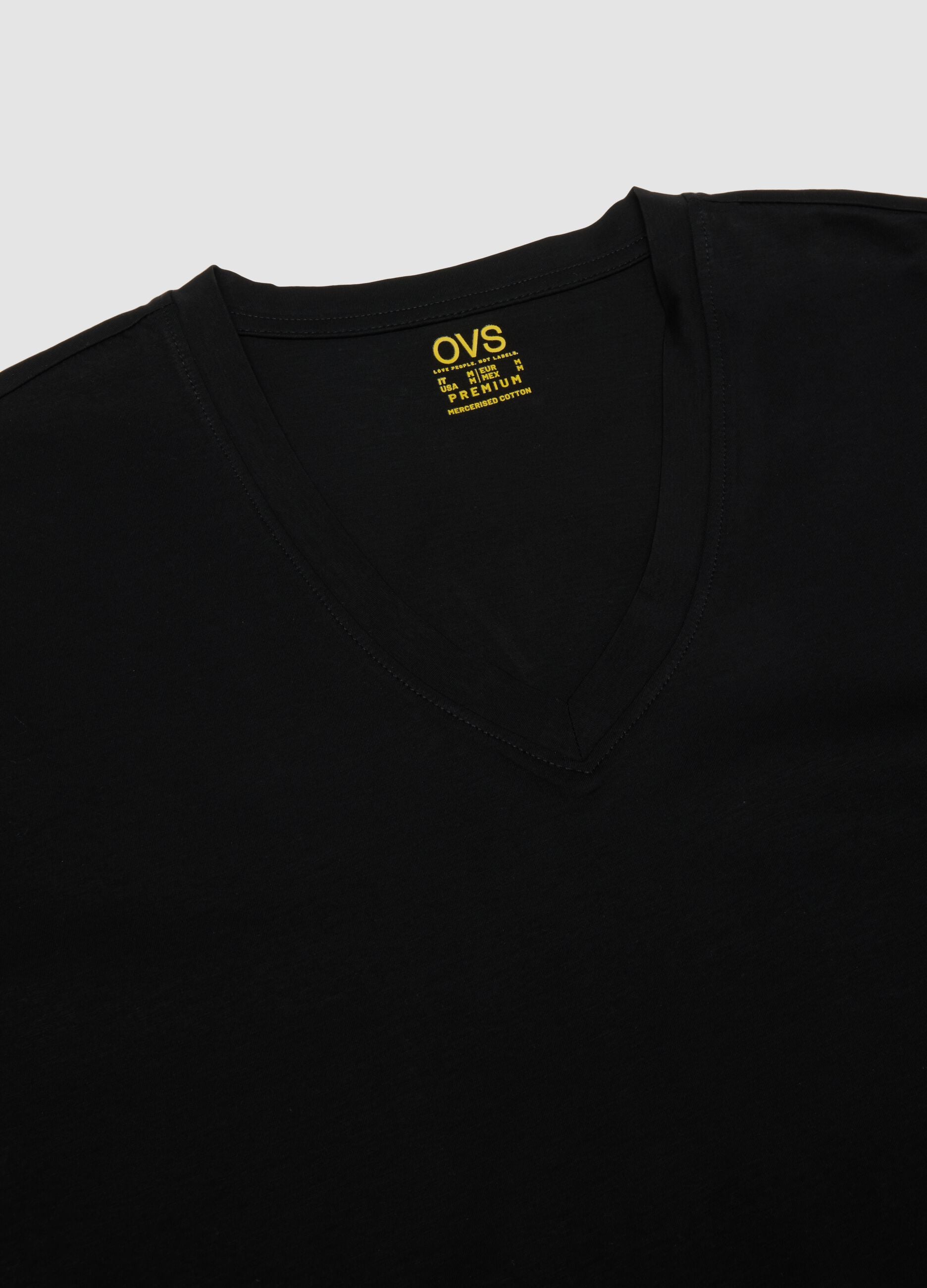 Black mercerised pure cotton T-shirt with deep V-neck
