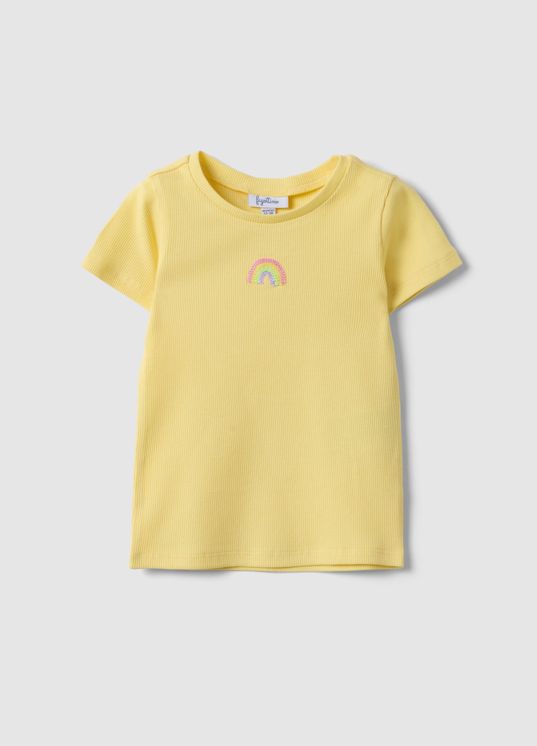 Yellow Stretch Cotton T-Shirt for Girls with Rainbow