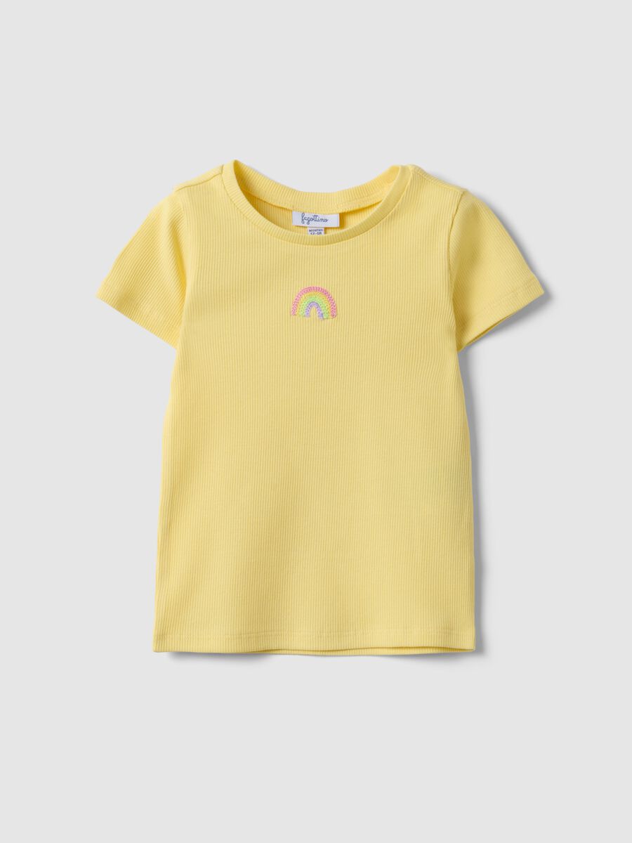 Yellow Stretch Cotton T-Shirt for Girls with Rainbow_0