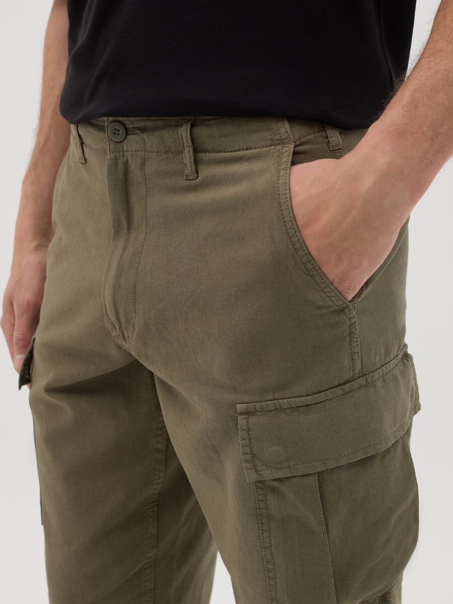 OVS Green Linen and Cotton Cargo Trousers_2