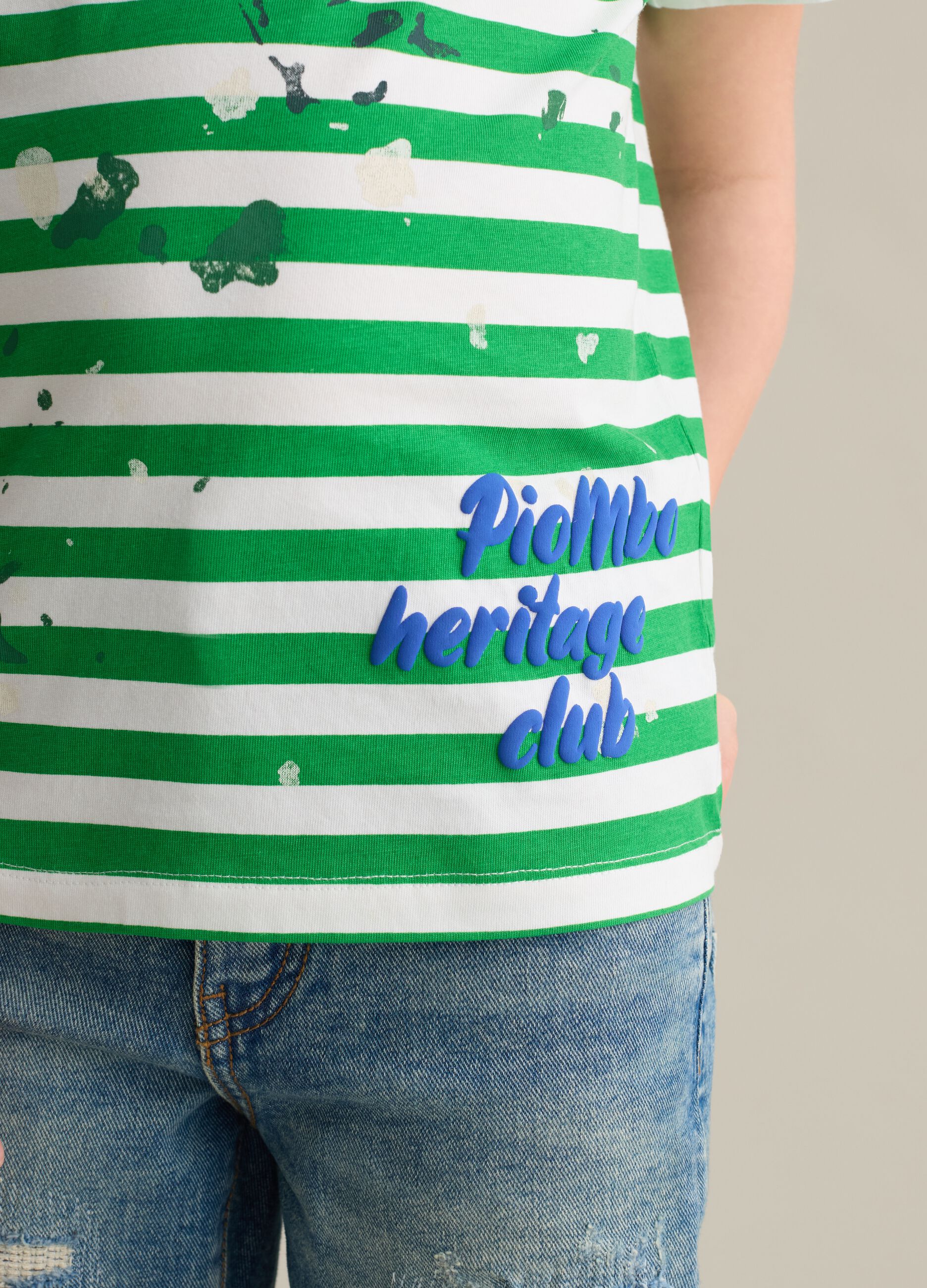 Striped cotton T-shirt with paint stains print