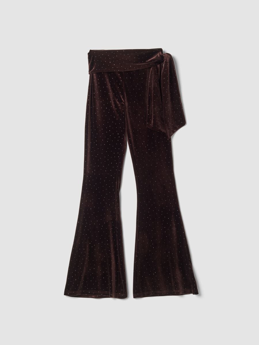 Pantaloni velour marroni flare in tessuto elasticizzato con fiocco_0