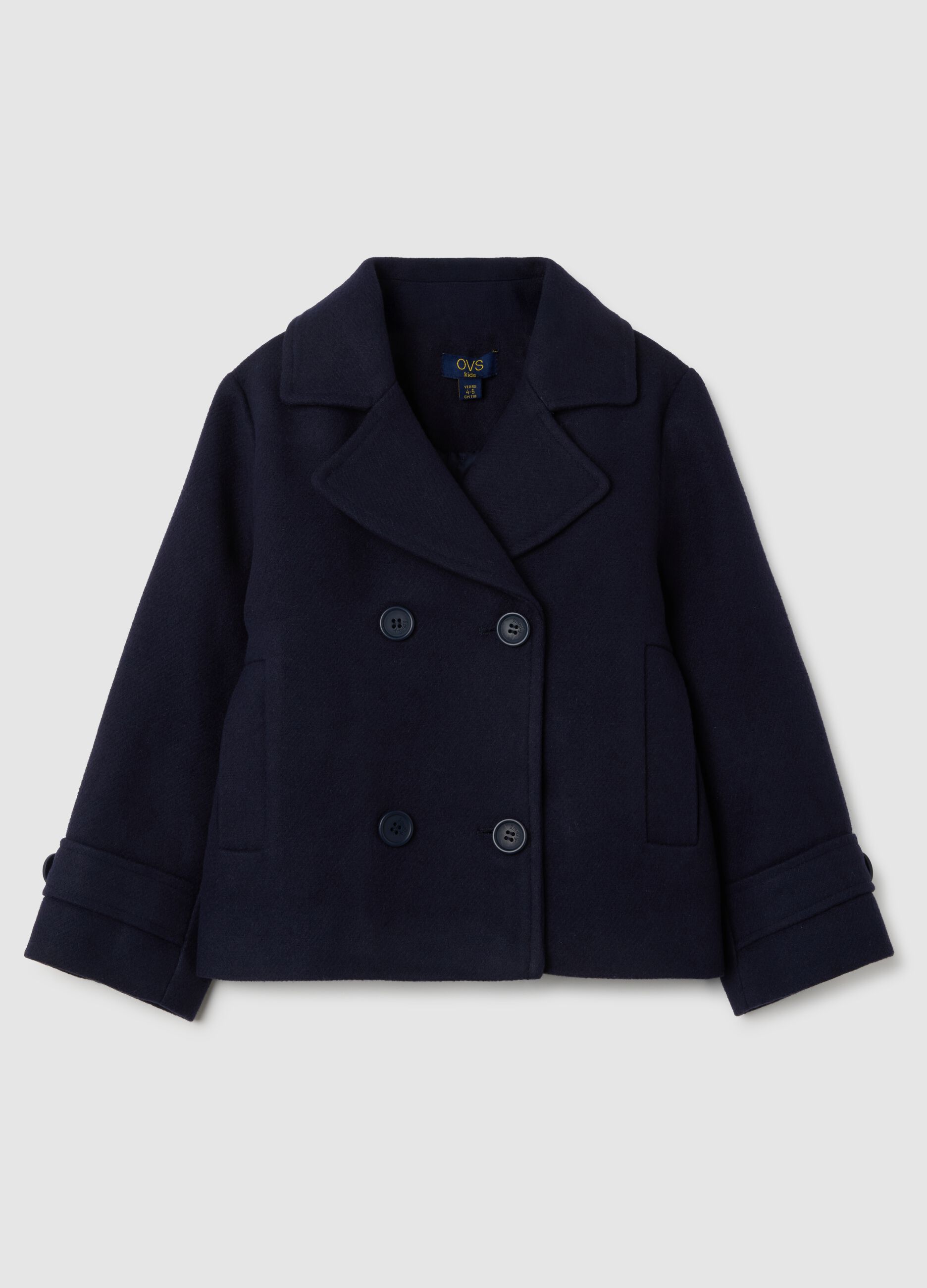 Girl's blue double-breasted coat with buttons
