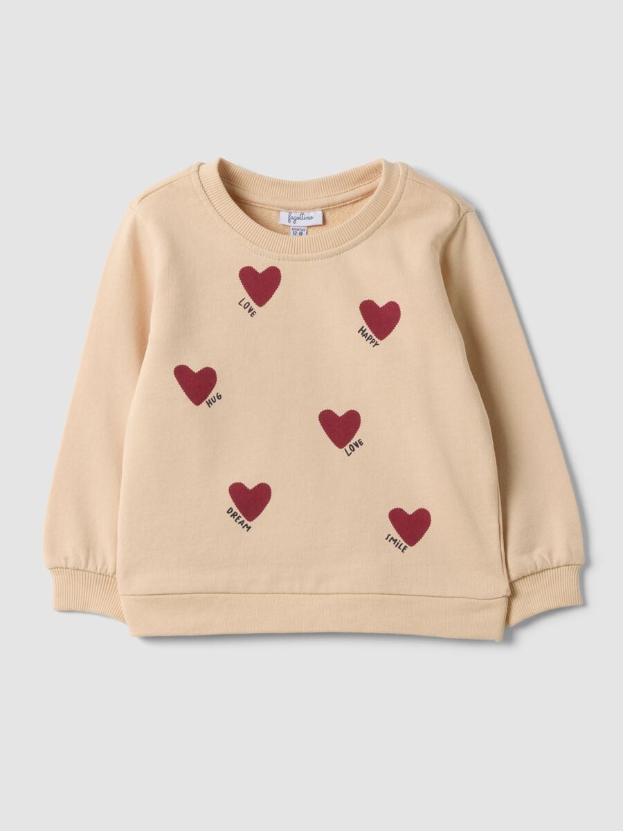 Beige pure cotton crew-neck sweatshirt with heart print for baby girl_0