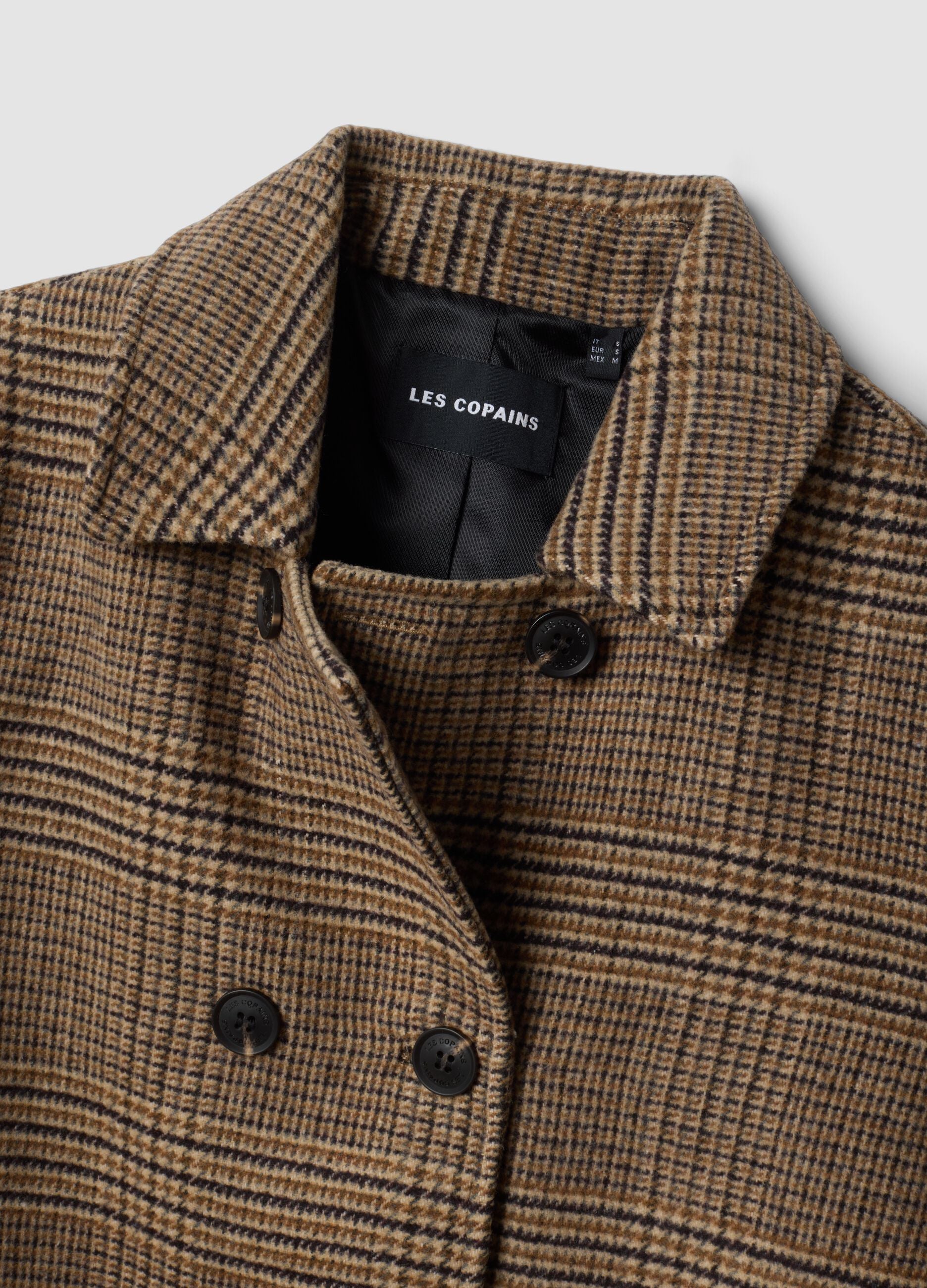 Brown checked wool-blend double-breasted shacket, oversized fit
