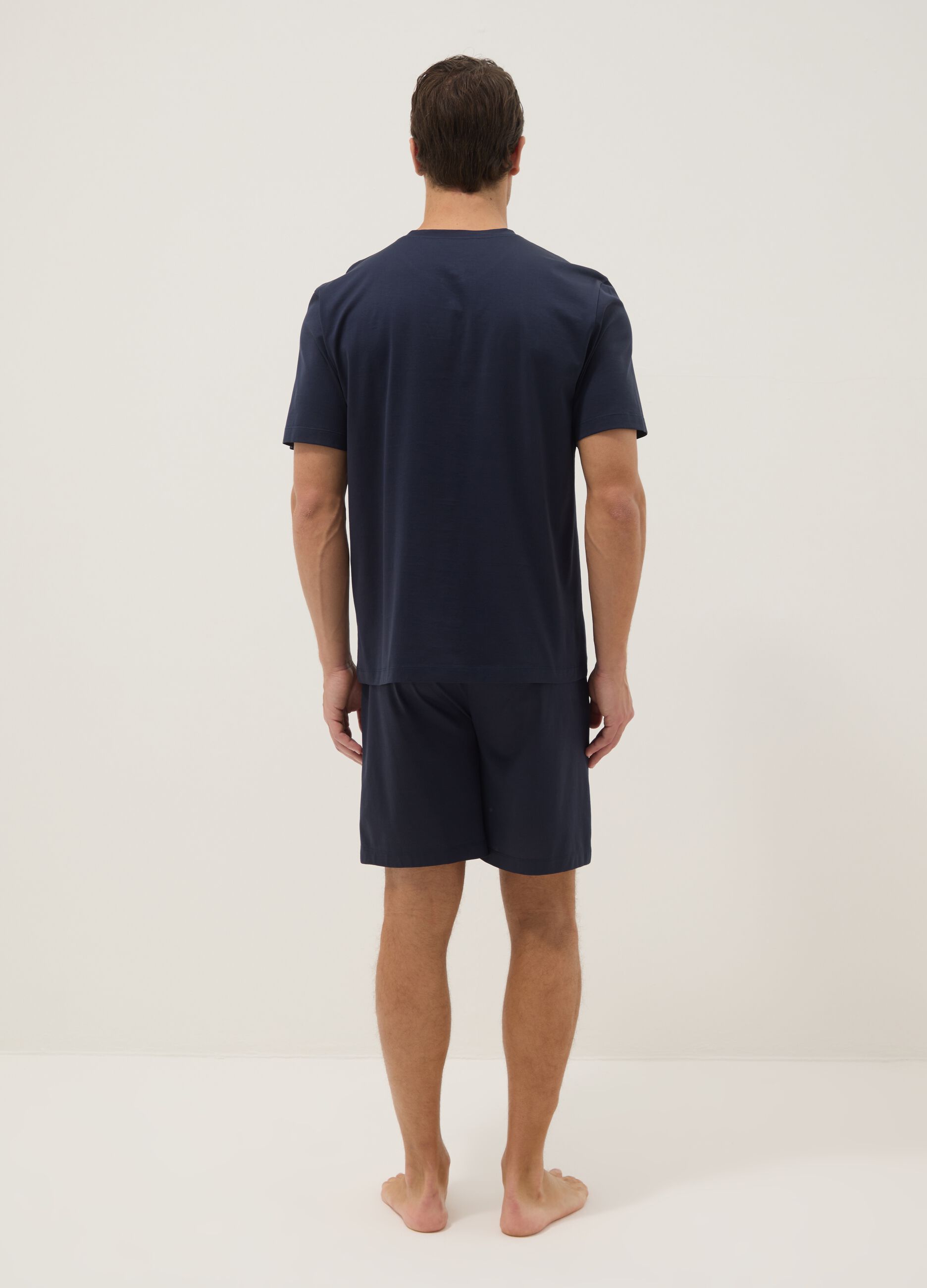 Regular fit short blue cotton pyjamas with Henley collar