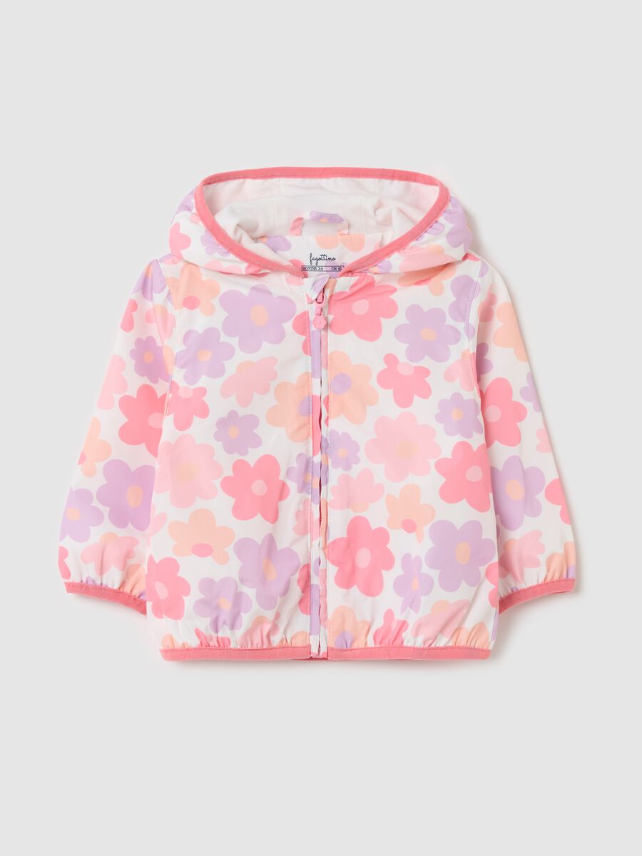 Waterproof jacket with hood and flowers print_0