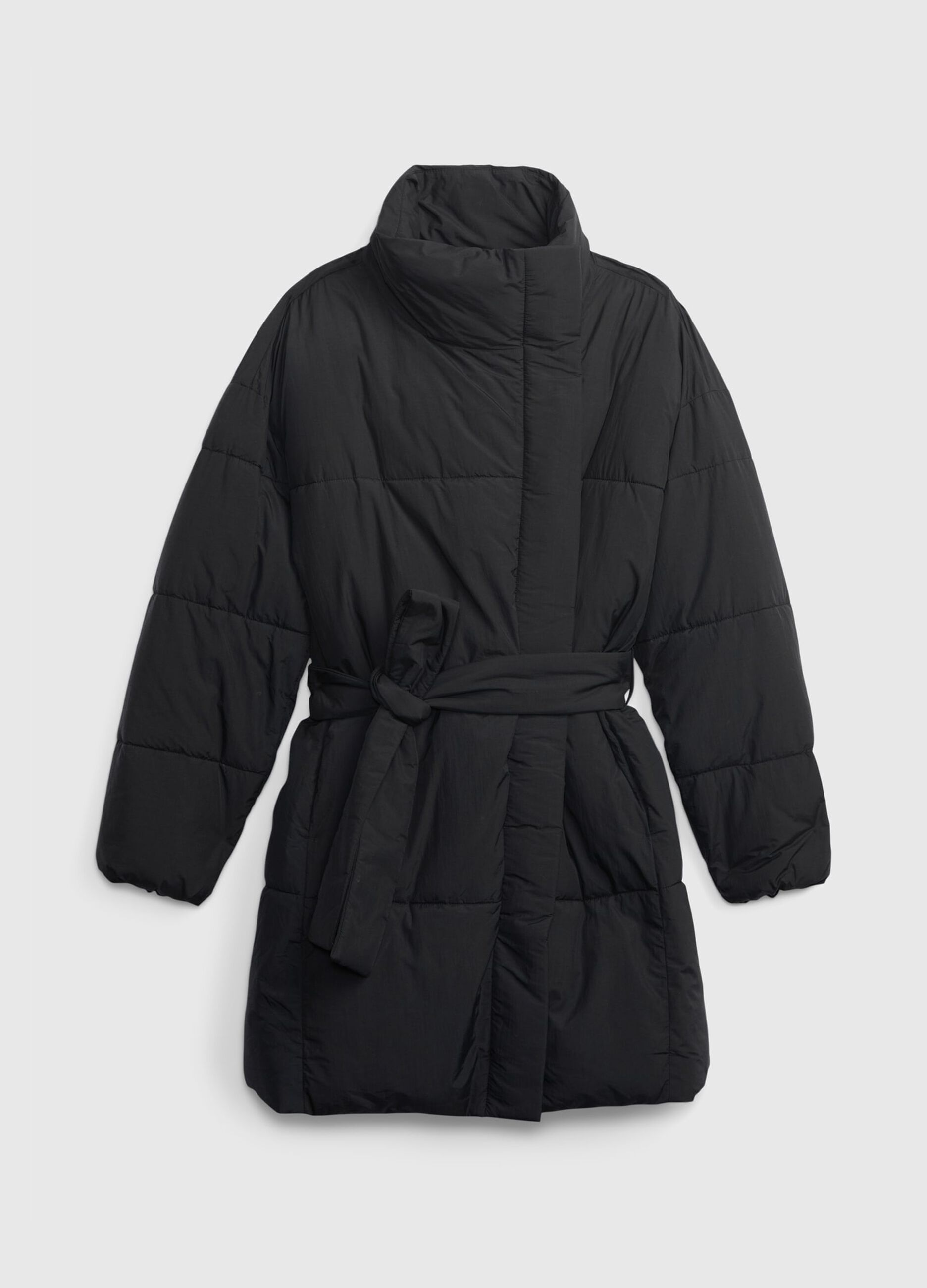 Long quilted padded jacket with belt
