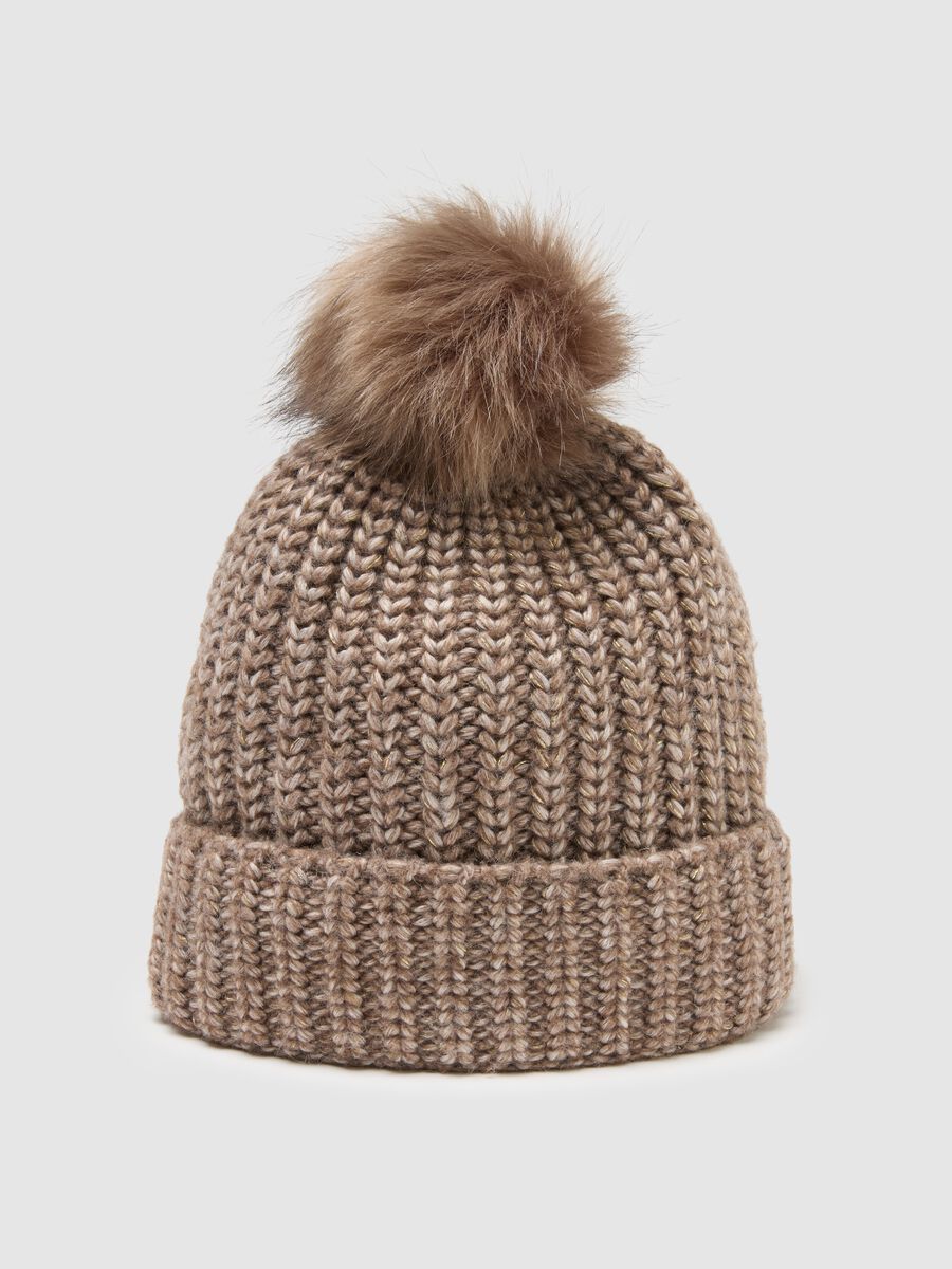 Brown hat with jersey knit pompom_2