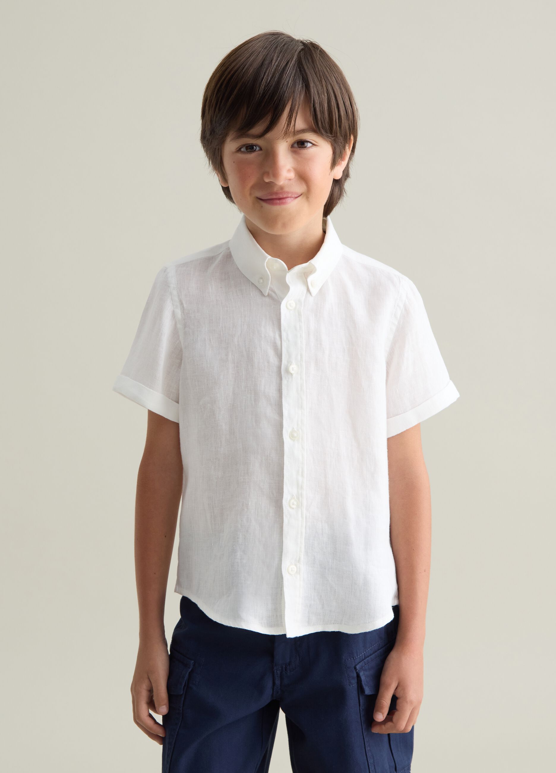 Children's white pure linen shirt with classic collar and oversized fit