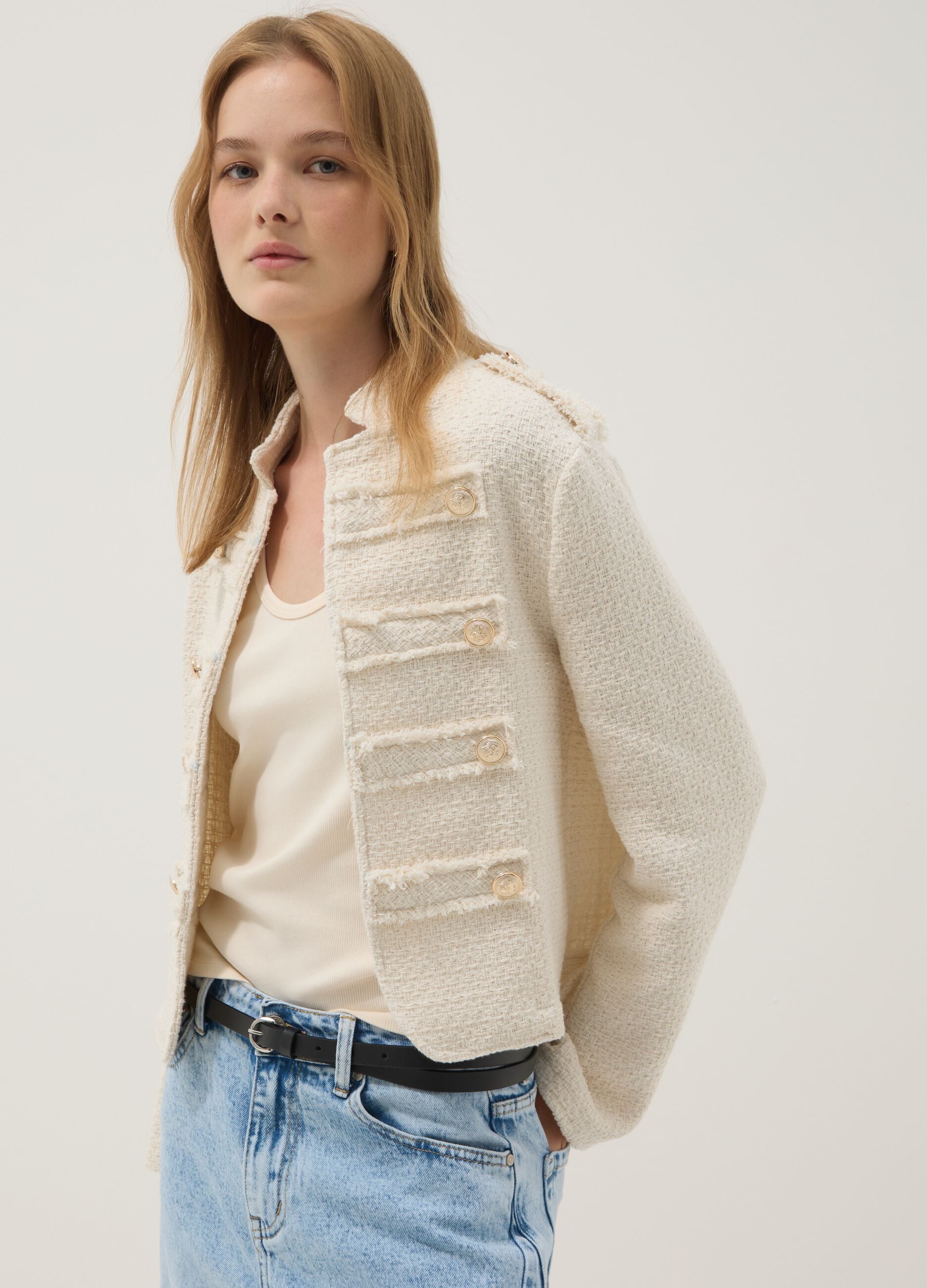 Giacca beige in misto cotone e viscosa