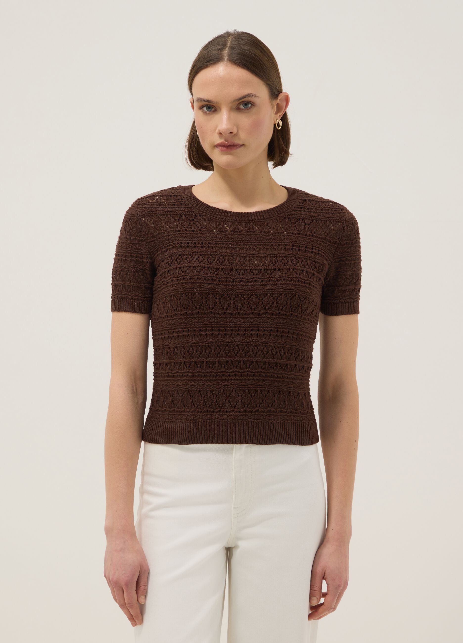 Maglia in puro cotone marrone regular fit con lavorazione a maglia