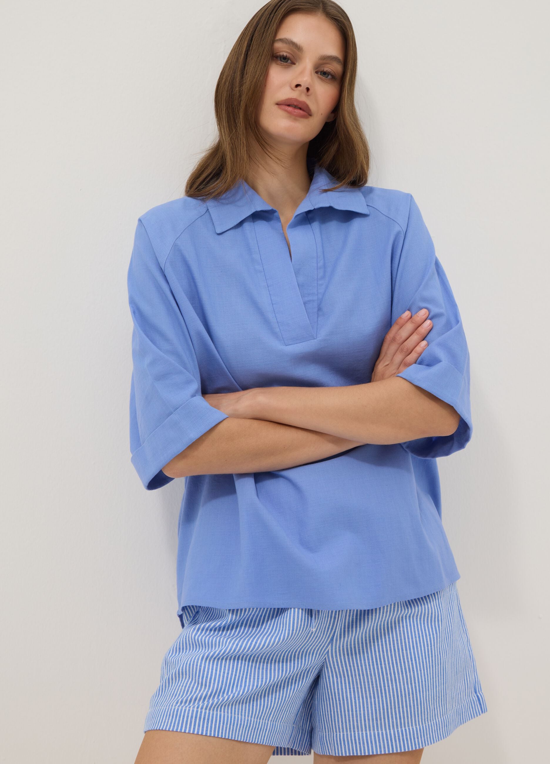 Light blue pure cotton V-neck top
