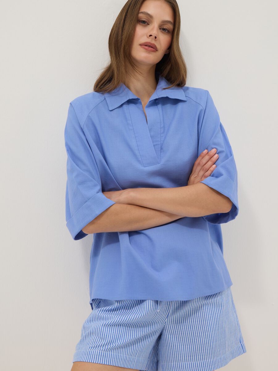 Light blue pure cotton V-neck top_1