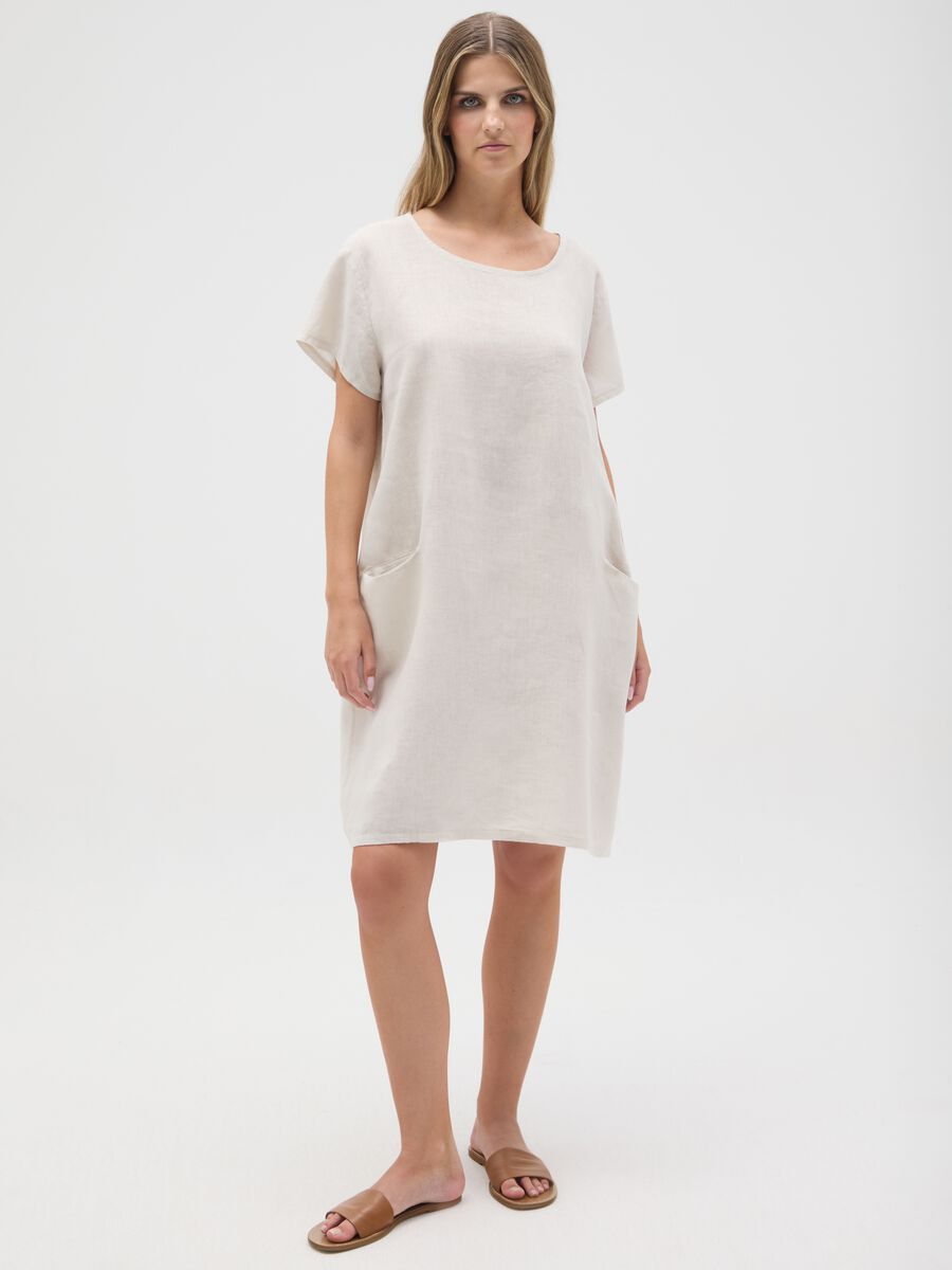 Women's pure linen beige dress regular fit with pockets_0