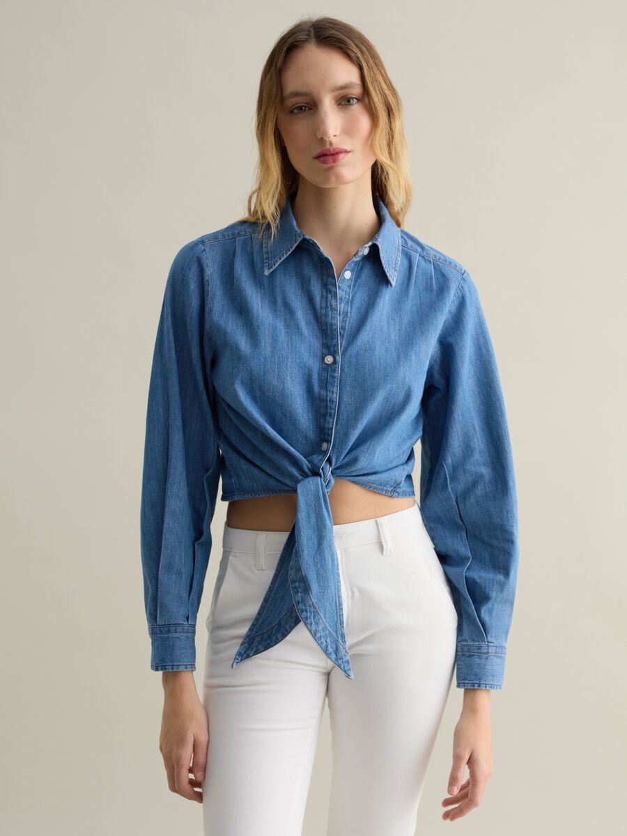 Blue denim shirt with knot_0