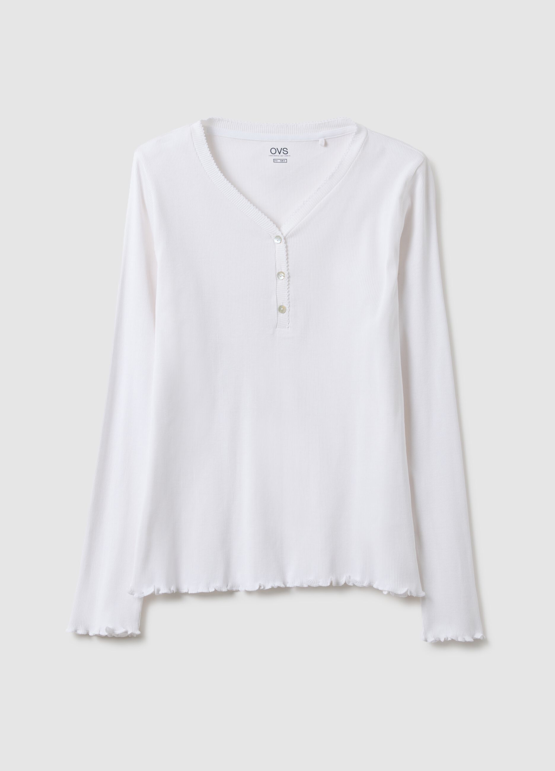White pure cotton pyjama top, regular fit with henley collar
