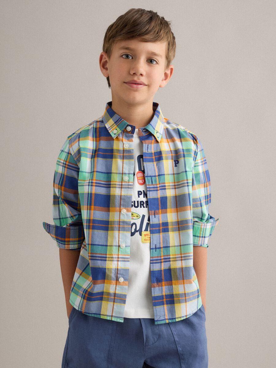 Kids' regular fit multicolor check pure cotton shirt_0