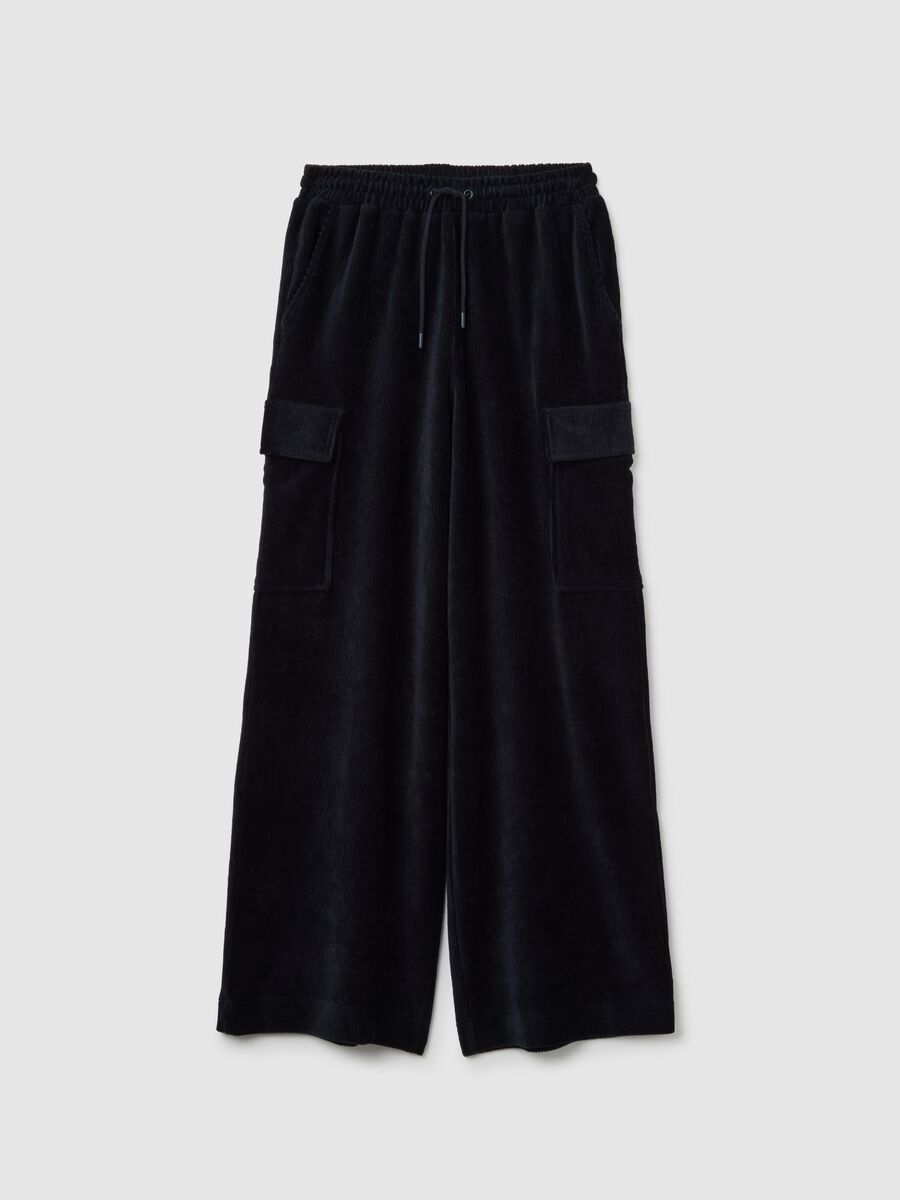 Black cotton blend wide leg cargo trousers_4