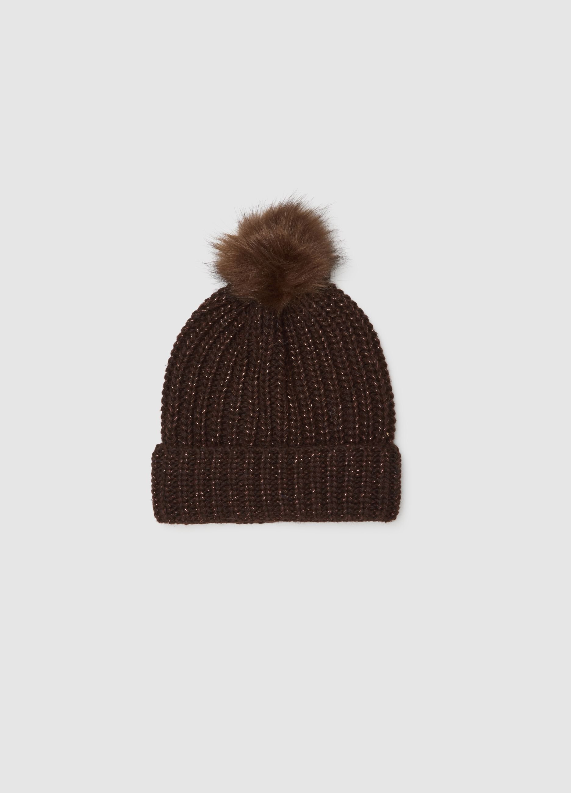 Cappello marrone con pompon in maglia jersey