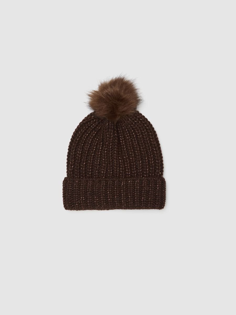 Cappello marrone con pompon in maglia jersey_0