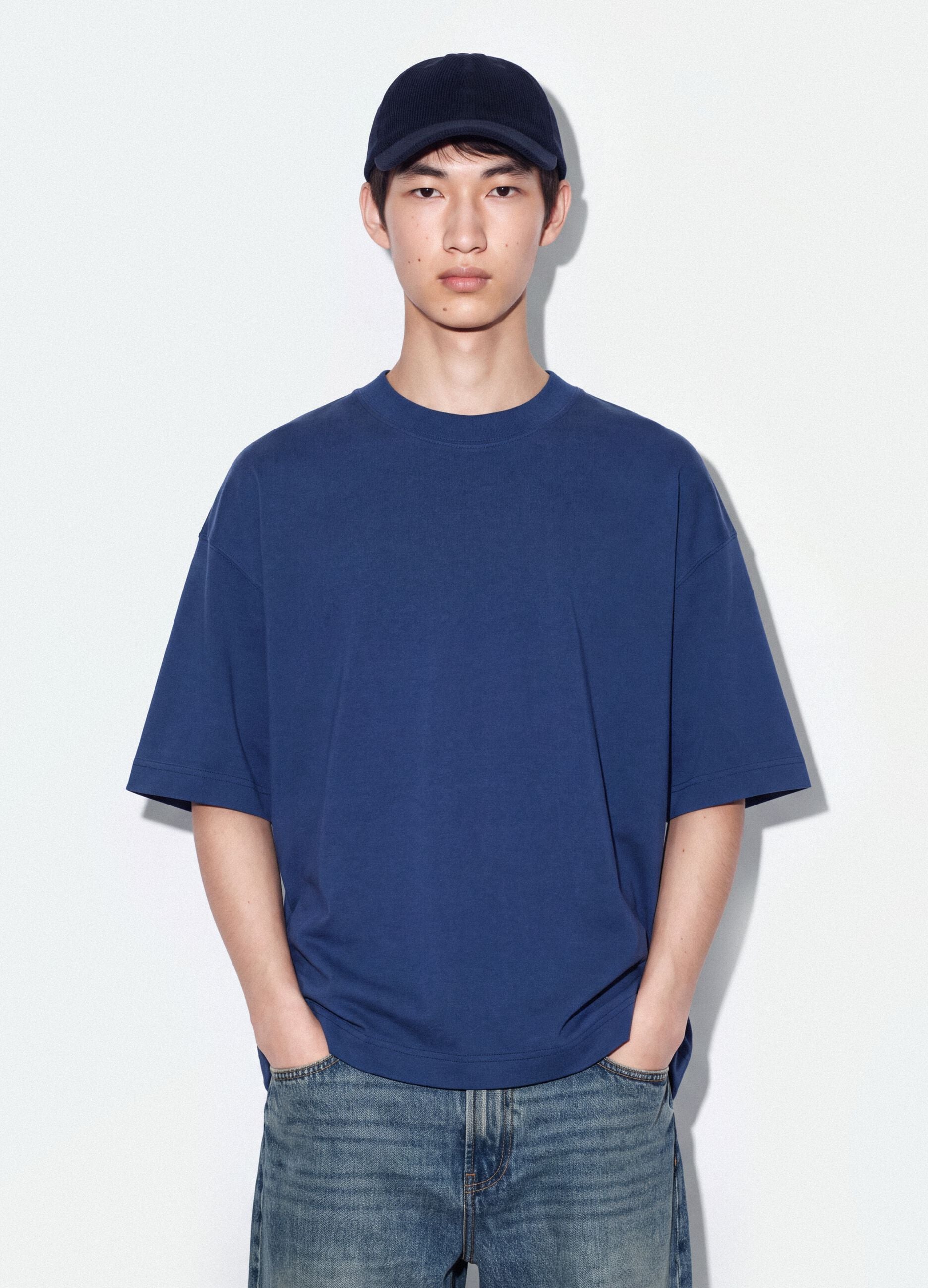 Blue crew-neck pure cotton boxy-fit T-shirt