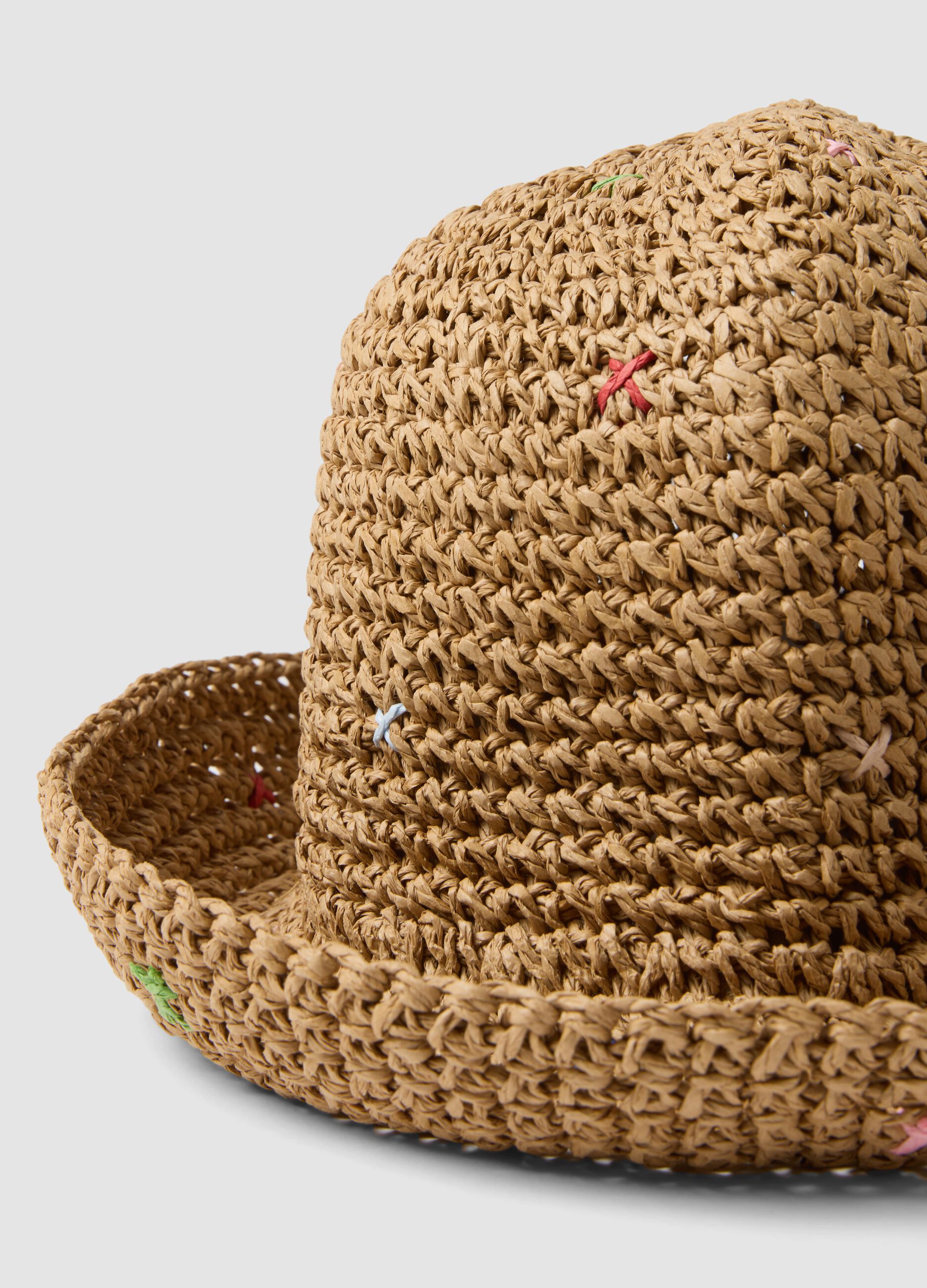 Beige pure paper-fabric hat with coloured threads