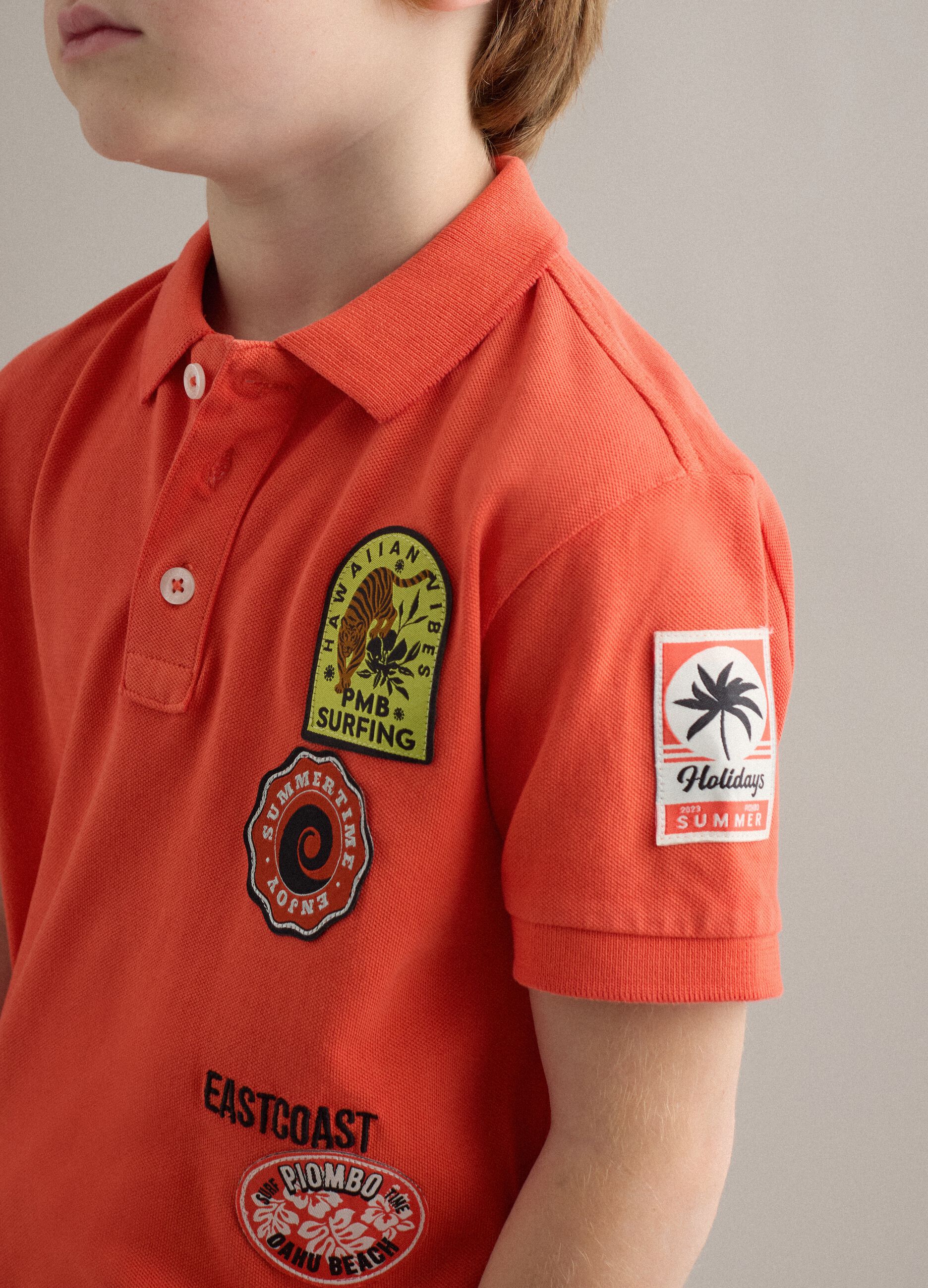 Orange pure cotton boys&rsquo; polo shirt, regular fit with patches