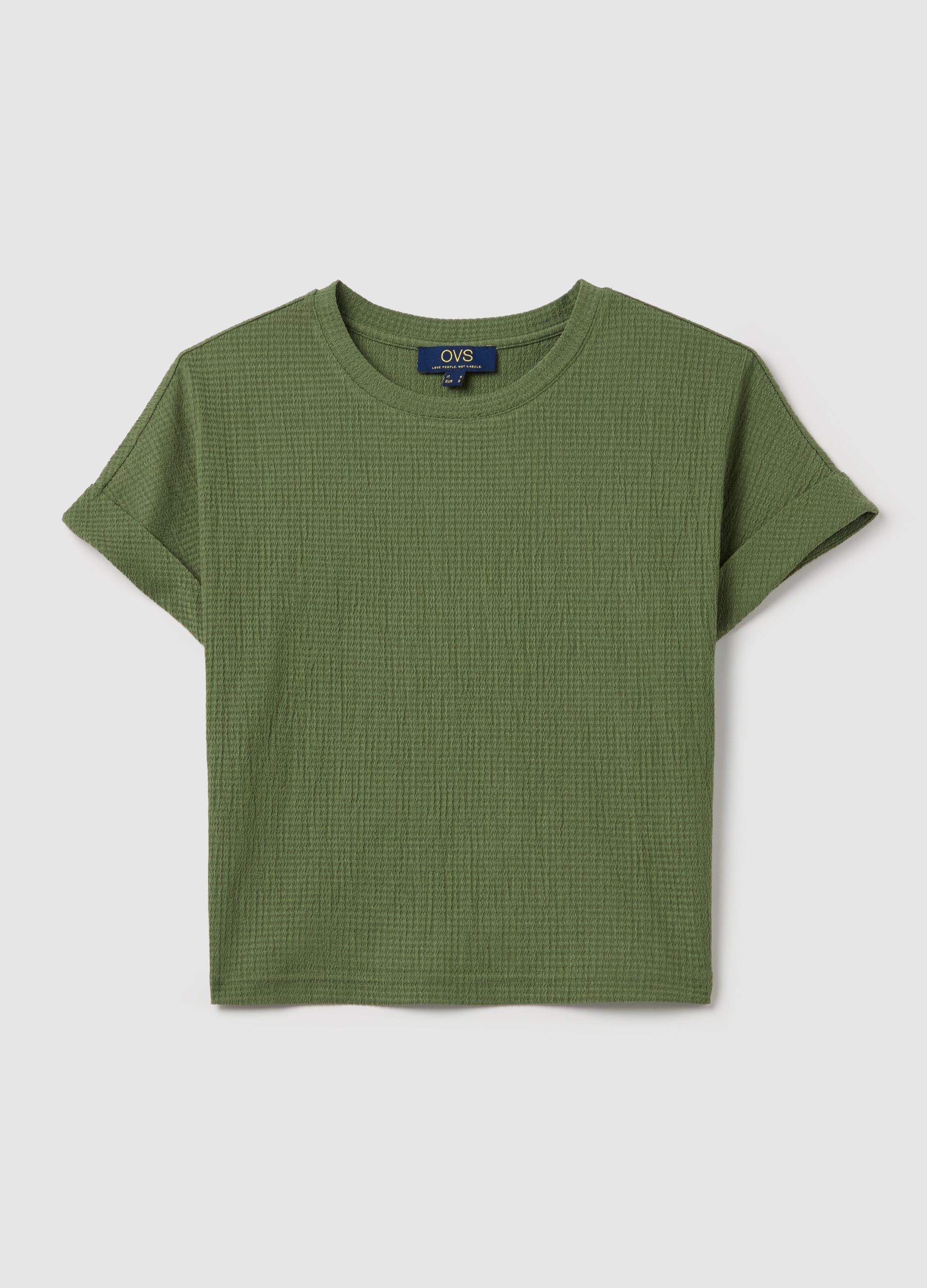 Green short-sleeved T-shirt with waffle weave