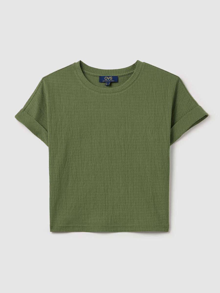Green short-sleeved T-shirt with waffle weave_4