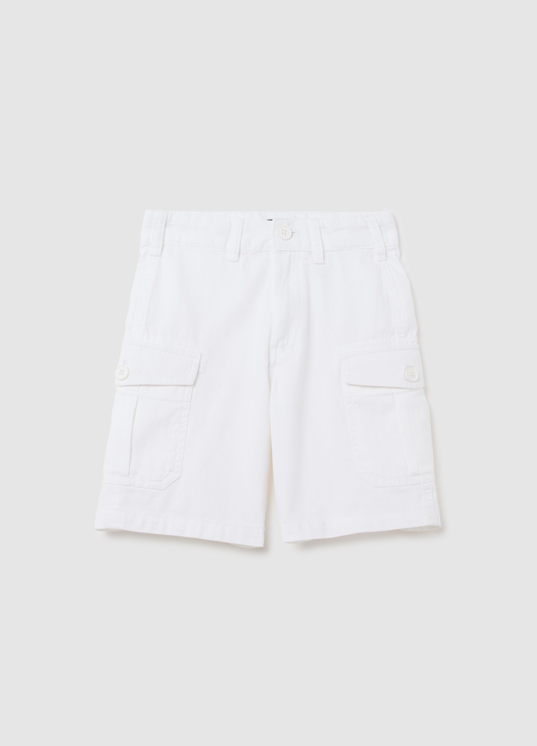 Children's white regular fit cotton cargo bermuda shorts with side pockets