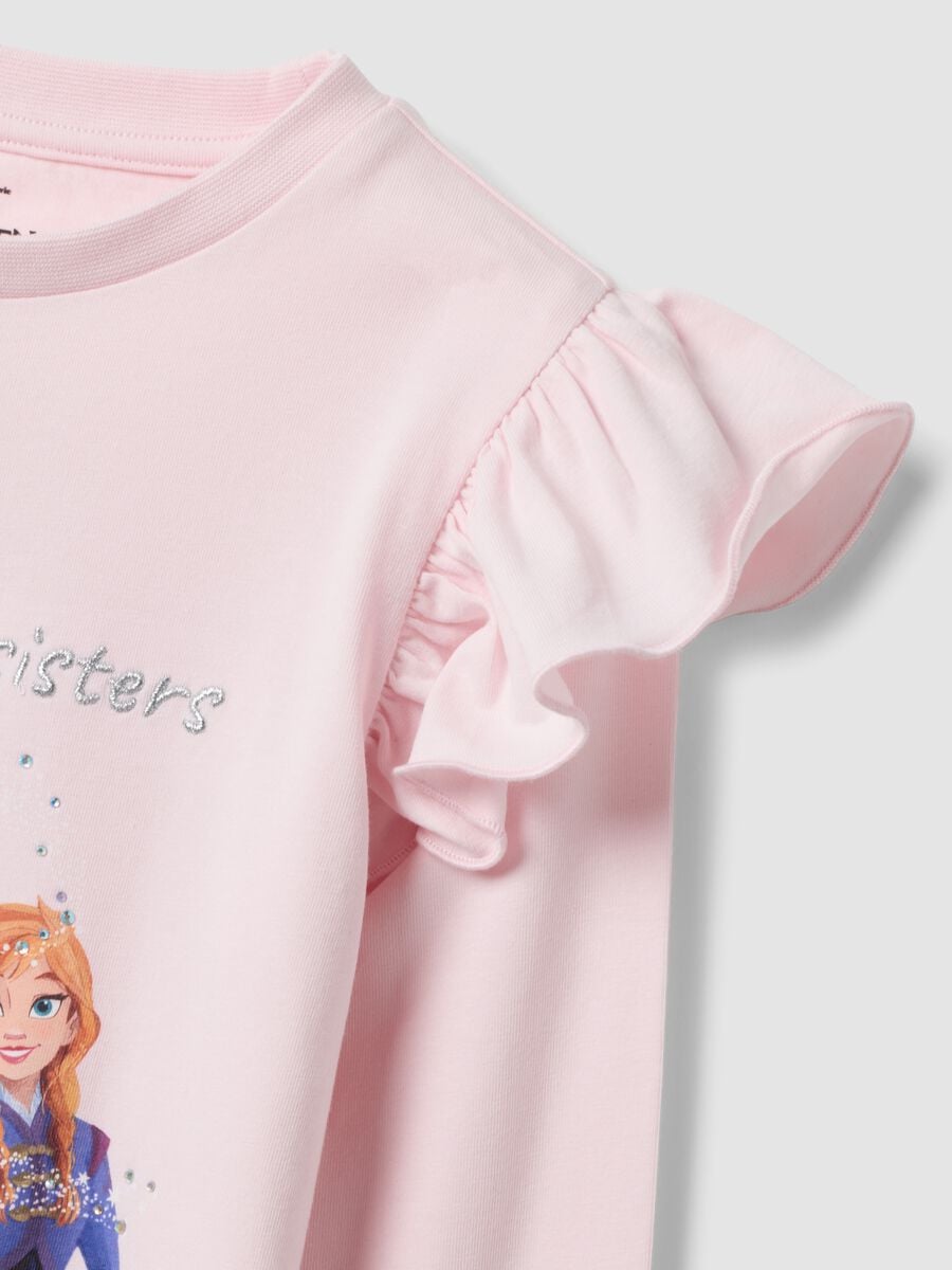 Girls&rsquo; pink stretch cotton T-shirt with ruffles and Frozen print_2