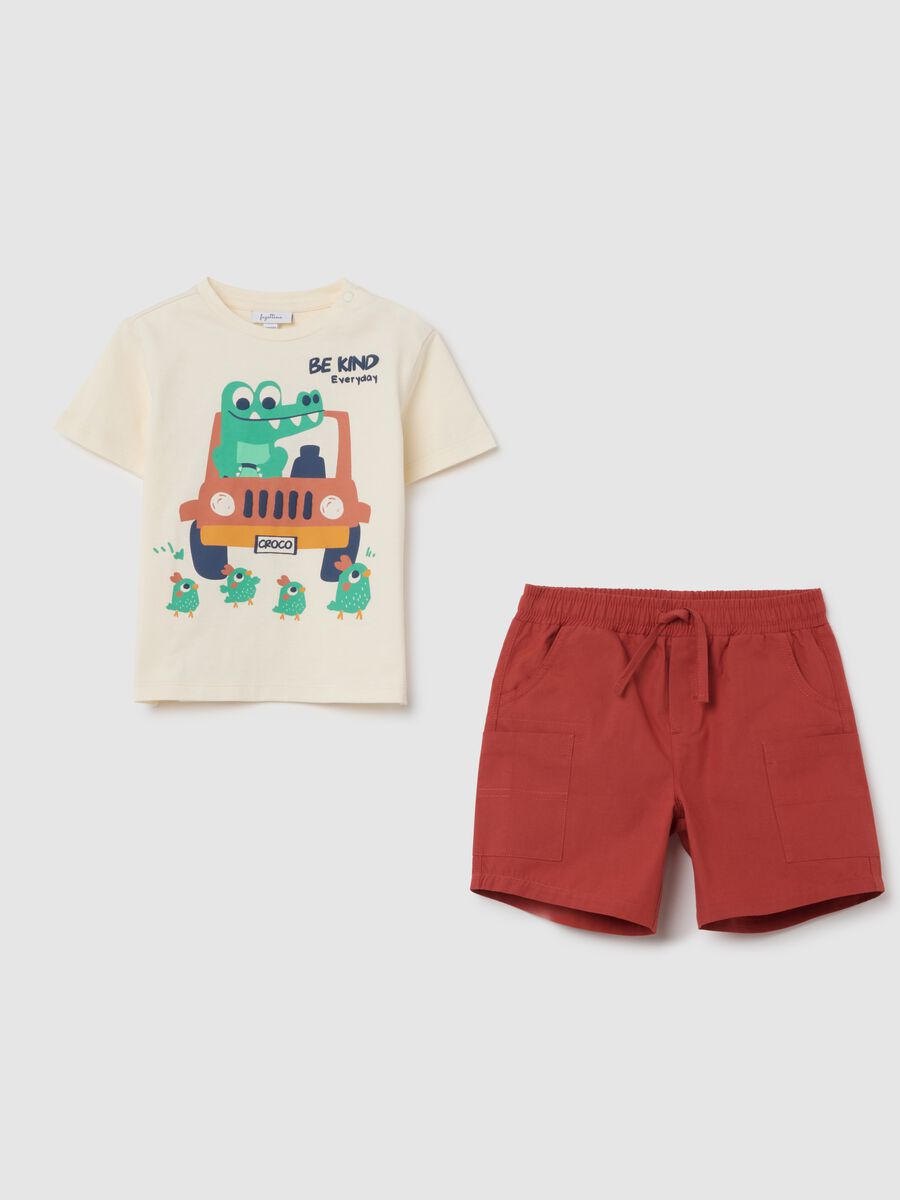 Cotton T-shirt and Shorts Set with Fagottino Print_0