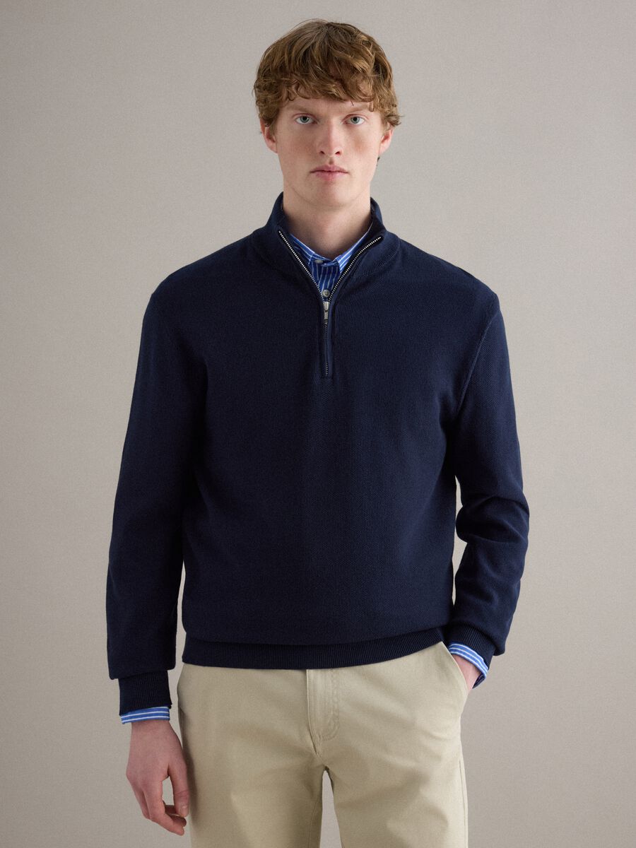 Pure cotton blue regular fit sweater with high neck and zip_1