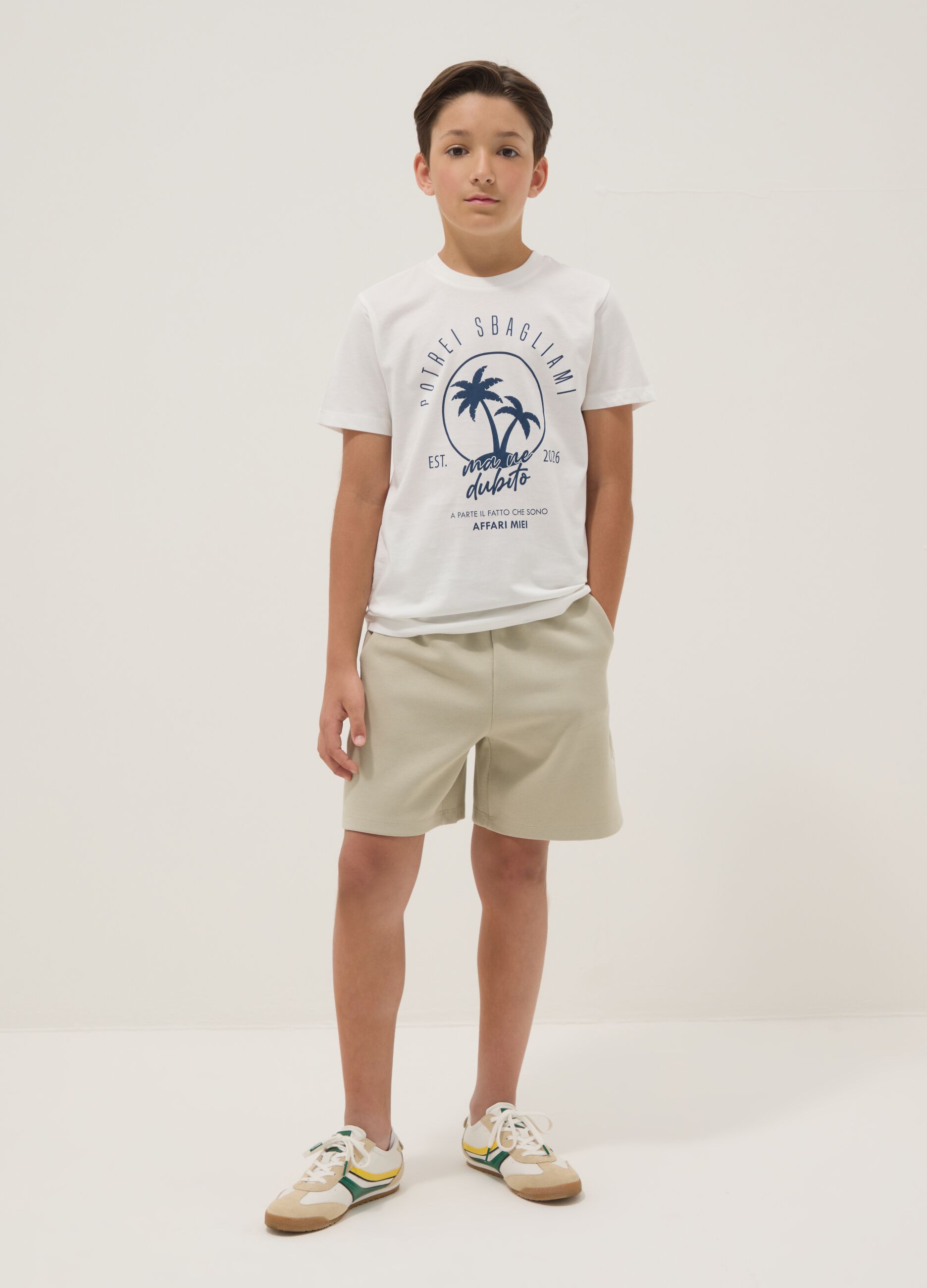 Beige cotton-blend shorts with elasticated waist