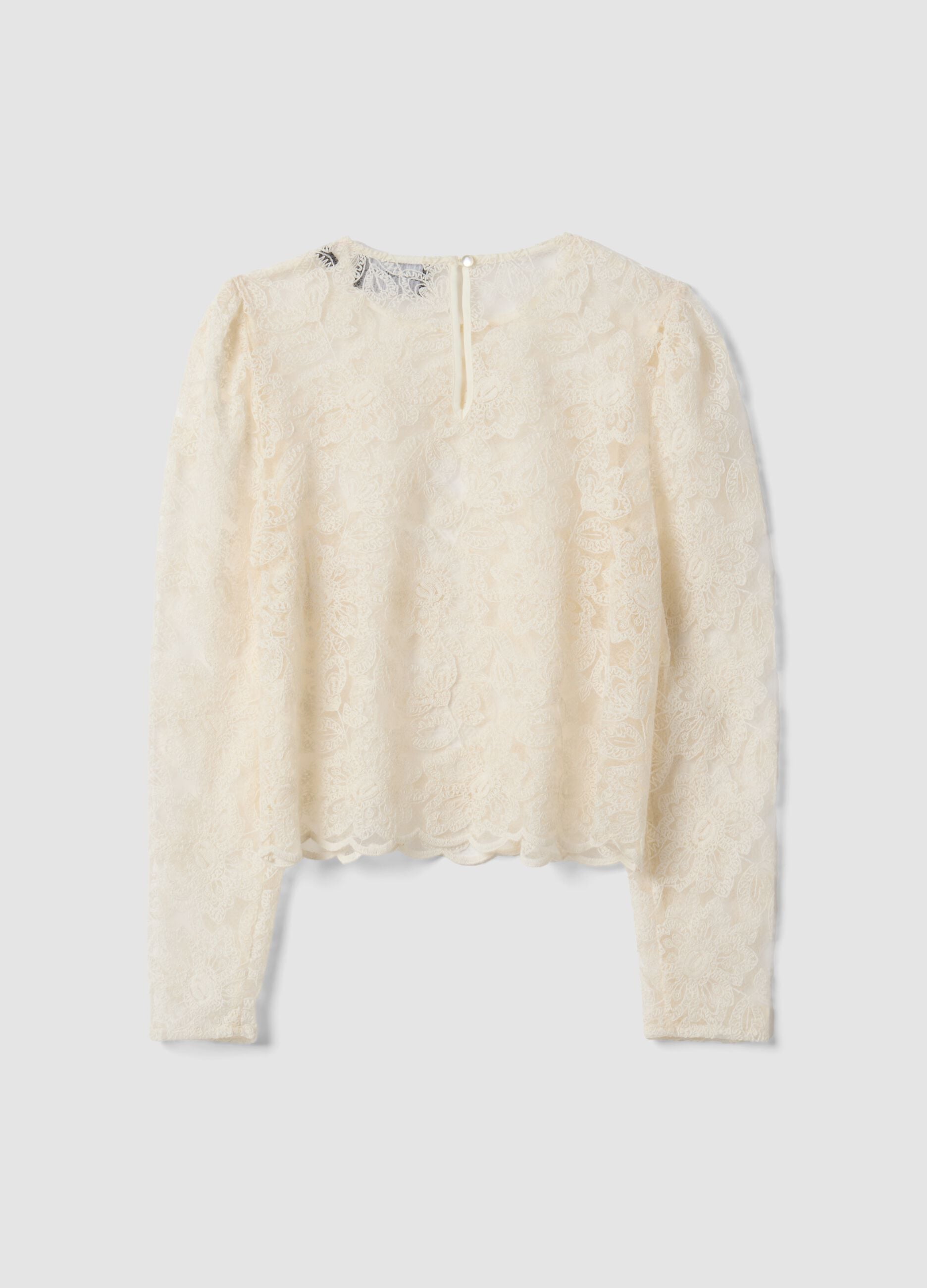 White cotton-blend blouse with floral lace, slim fit