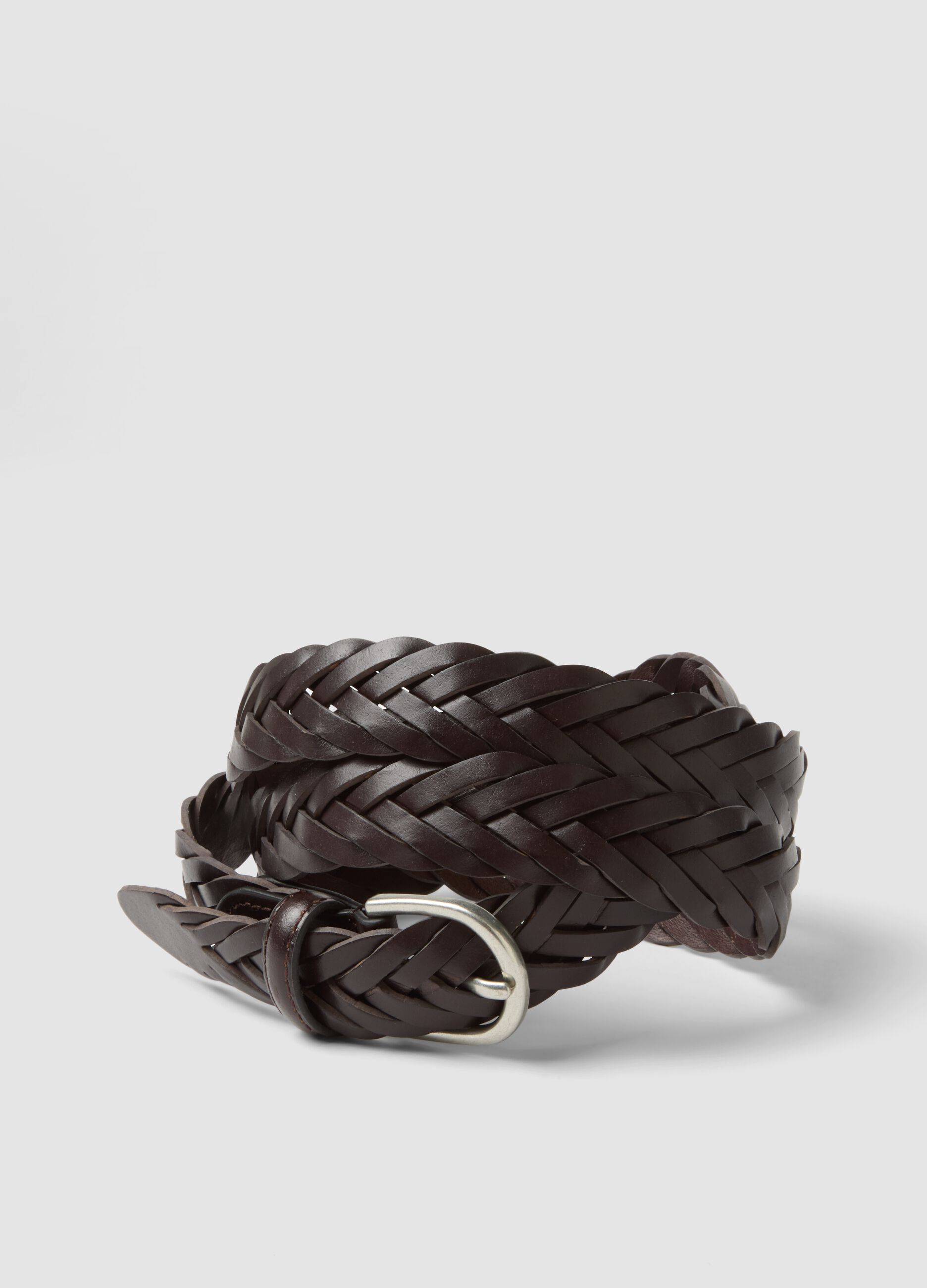 Dark brown braided belt with metal buckle