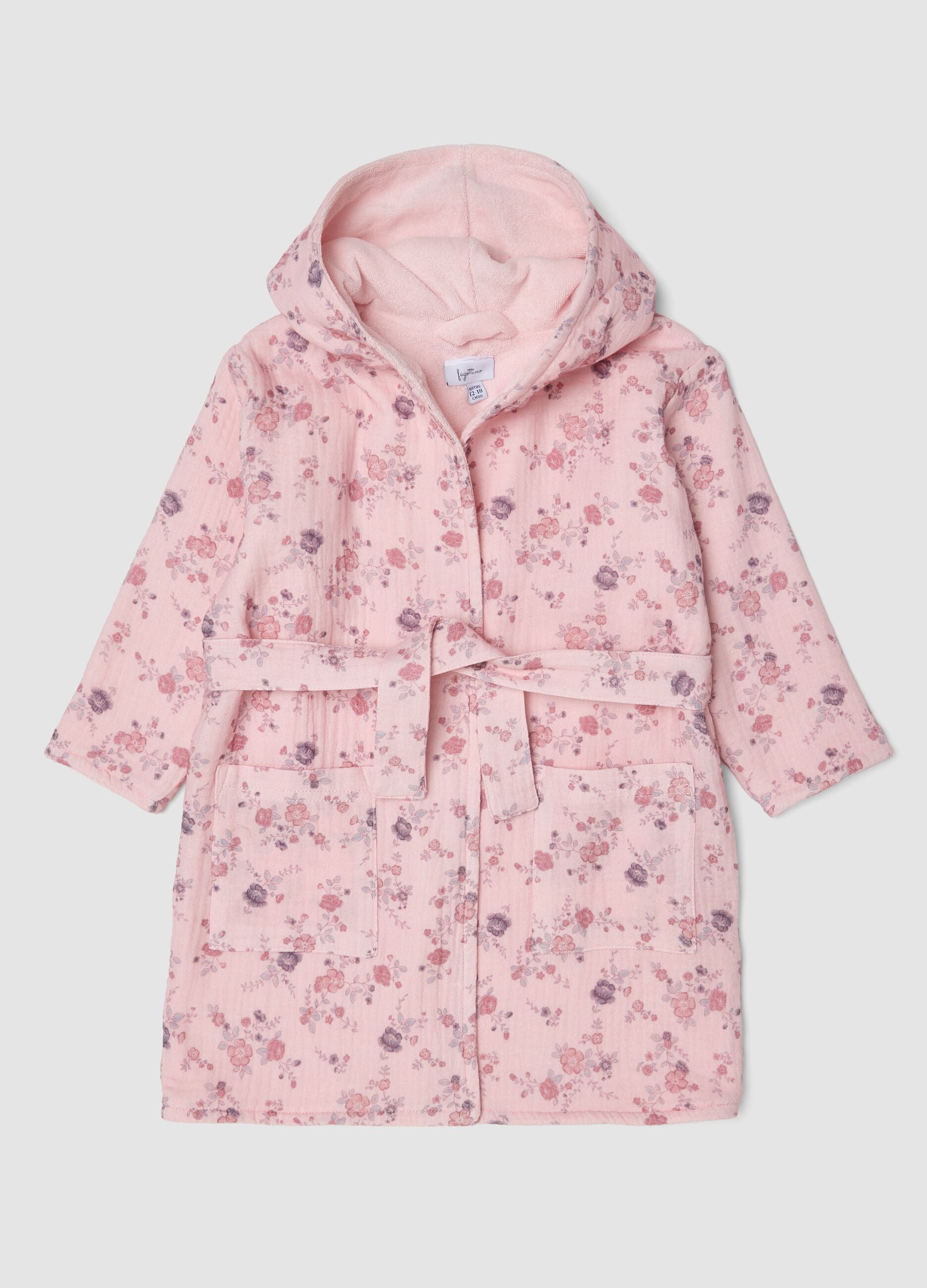 Pink floral organic cotton hooded bathrobe for baby girl