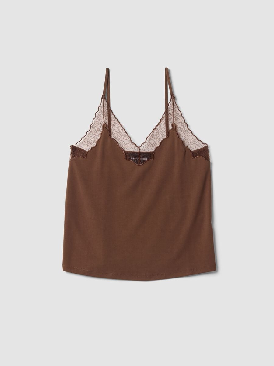 Tank top marrone in viscosa elasticizzata con pizzo e scollo a V_4