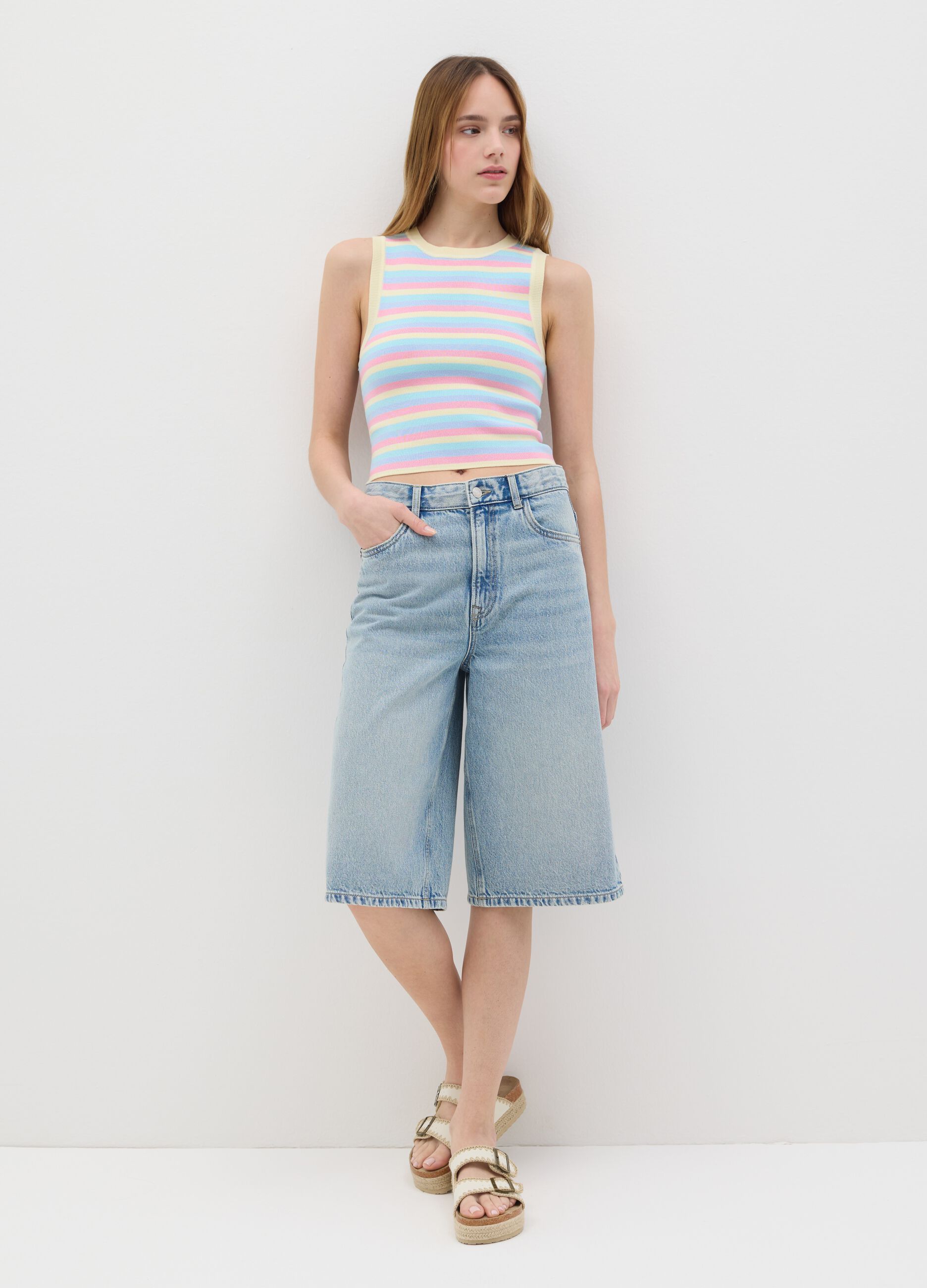 Multicolor striped top in viscose and polyamide blend