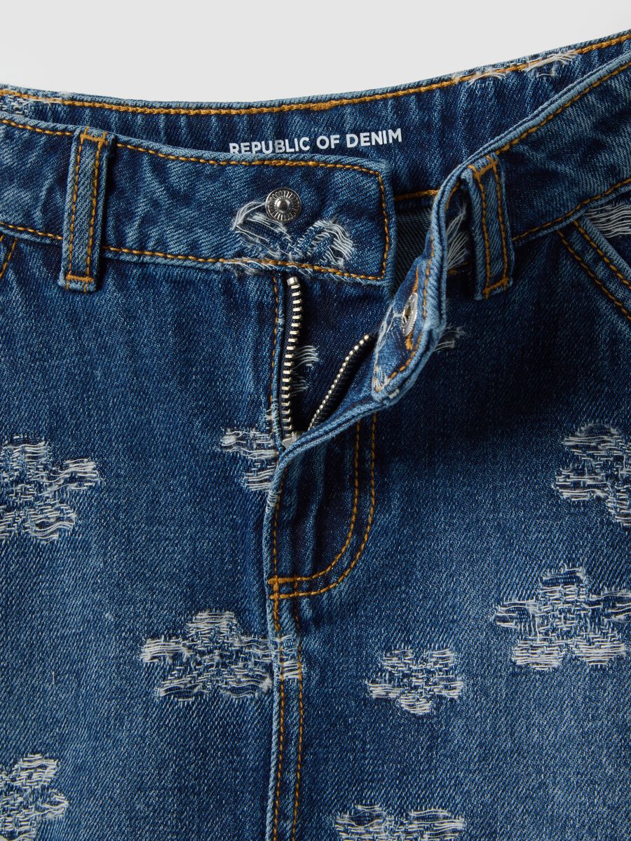 Blue denim pure cotton skirt with floral prints for girls, regular fit_3