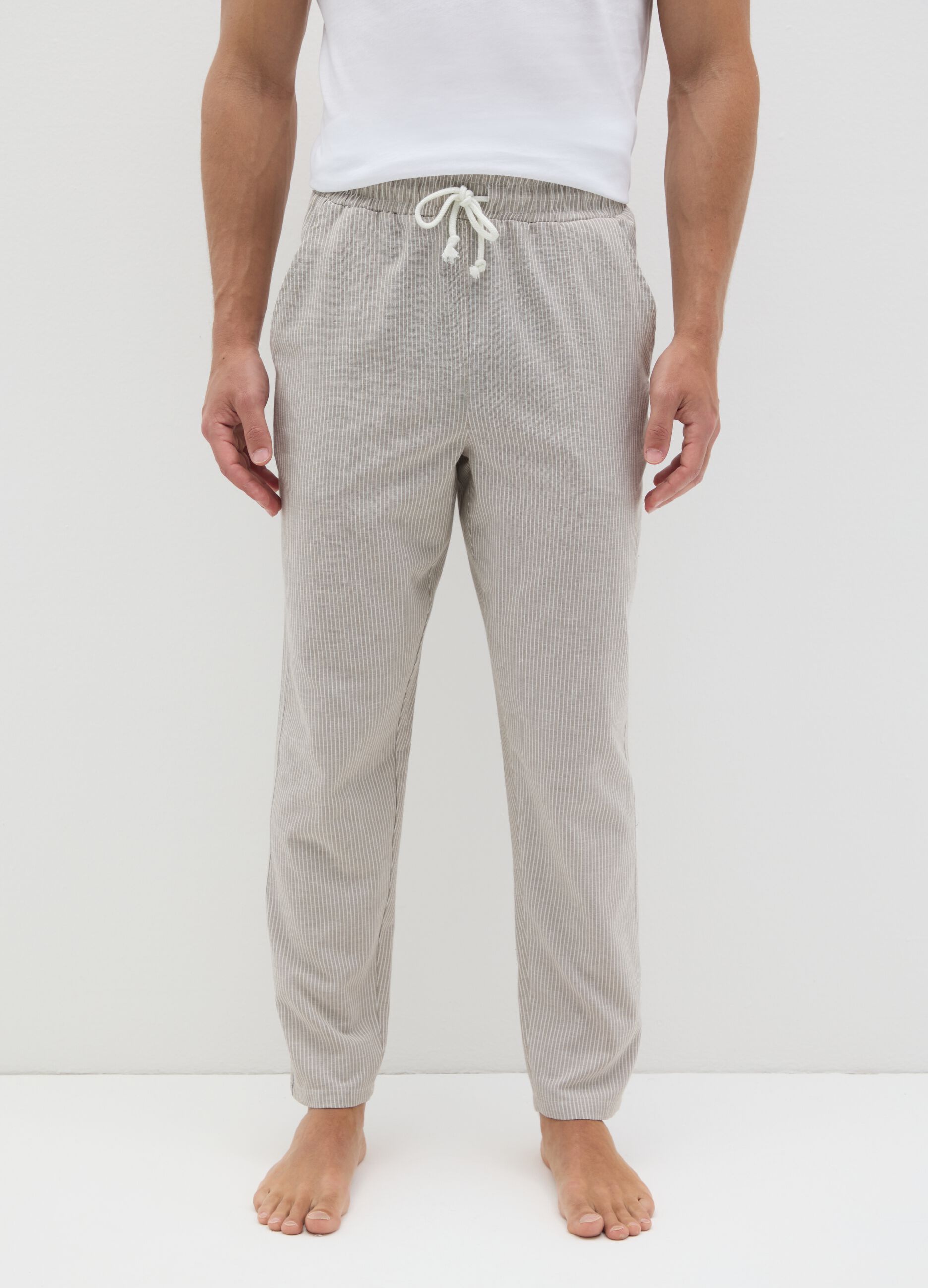 Men's pure cotton beige trousers regular fit with drawstring