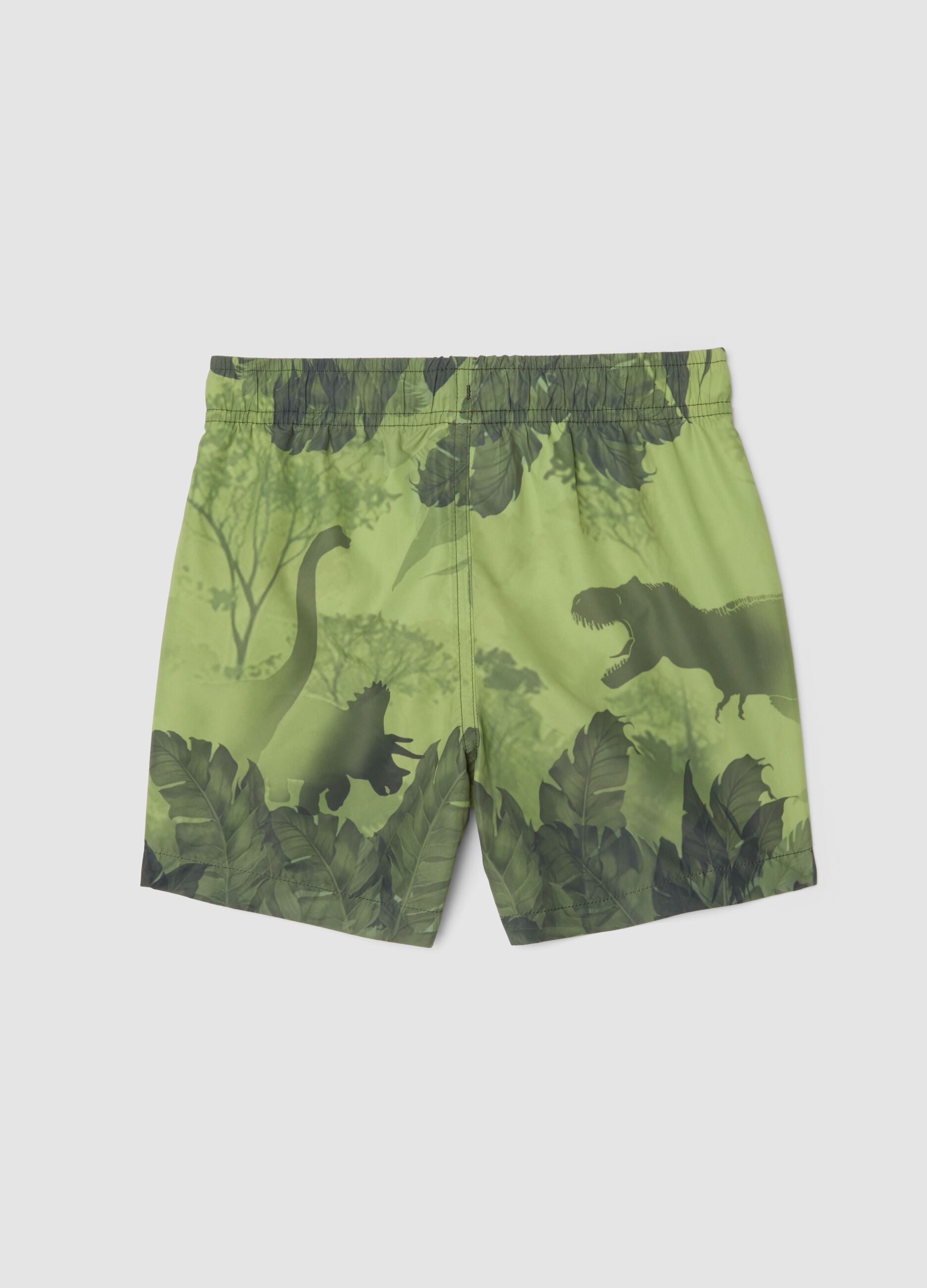Green boys&rsquo; swim shorts with dinosaur print