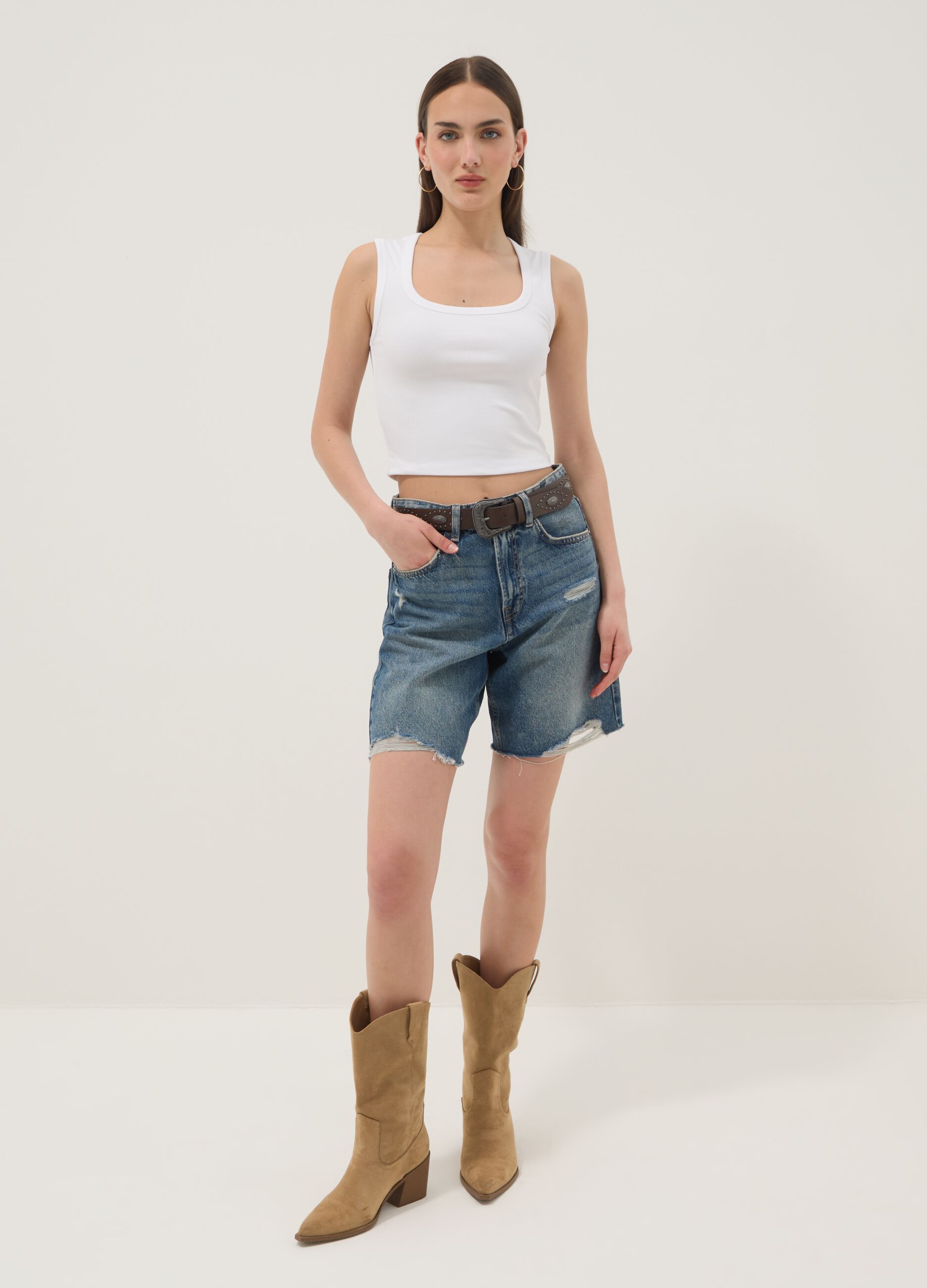 White stretch cotton tank top