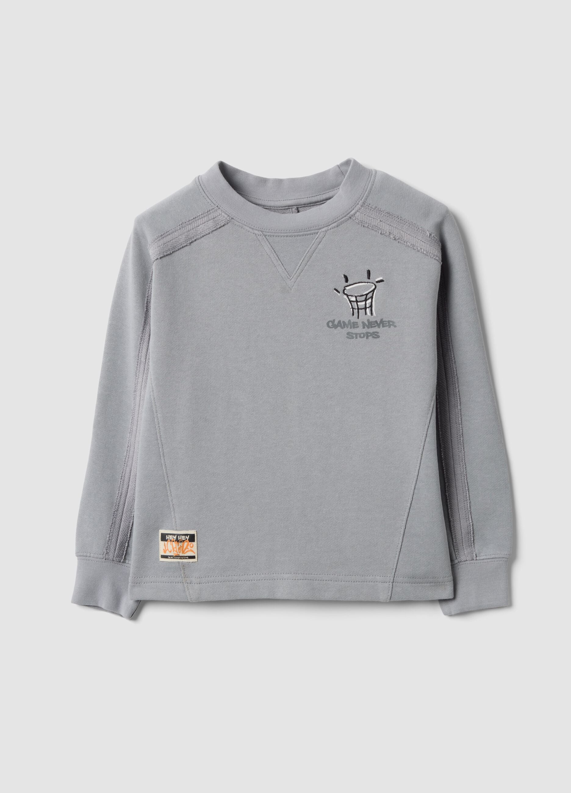 Grey cotton-blend crew-neck sweatshirt with print for boys, oversized fit