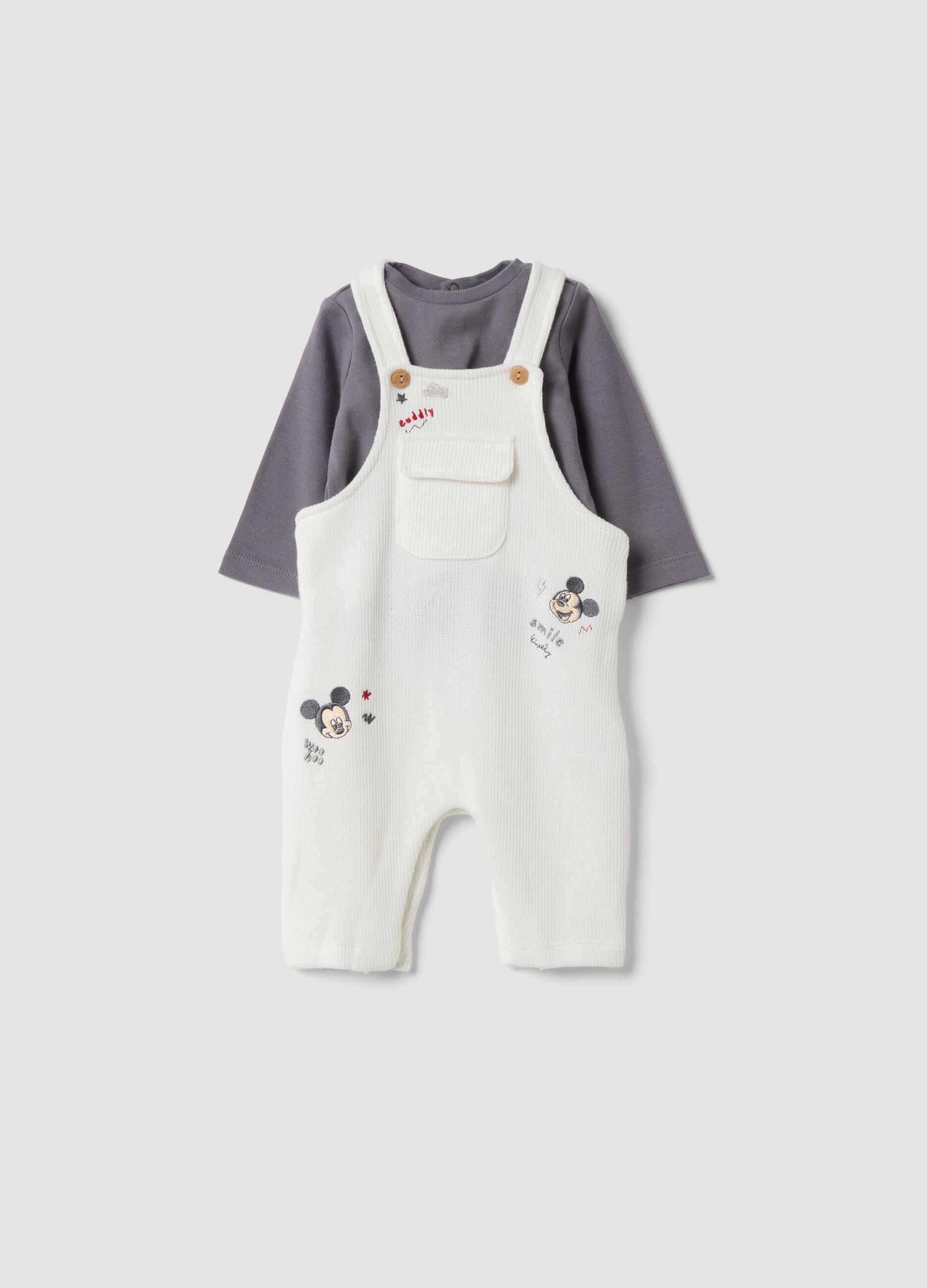 White pure cotton set with Mickey Mouse dungarees and top
