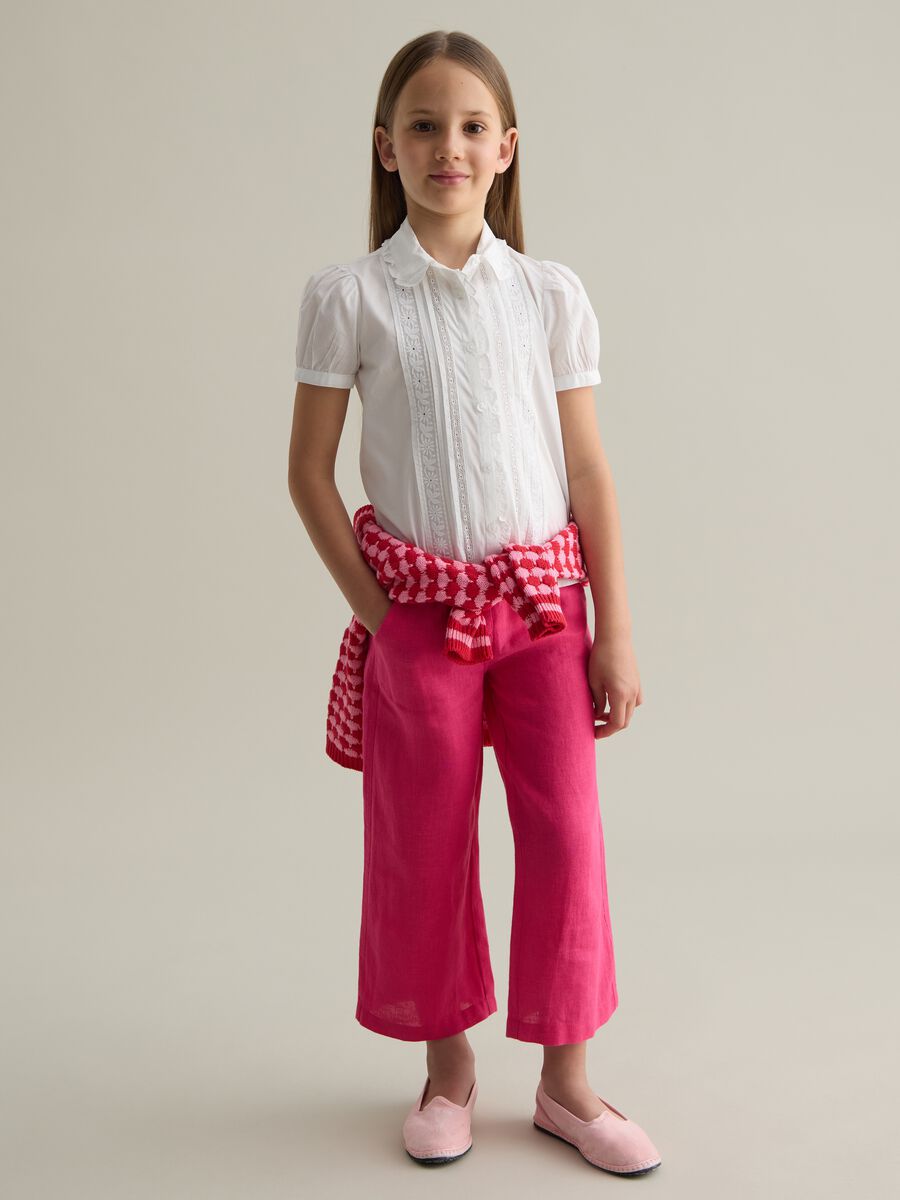 Girls' pure linen wide leg pink trousers_1