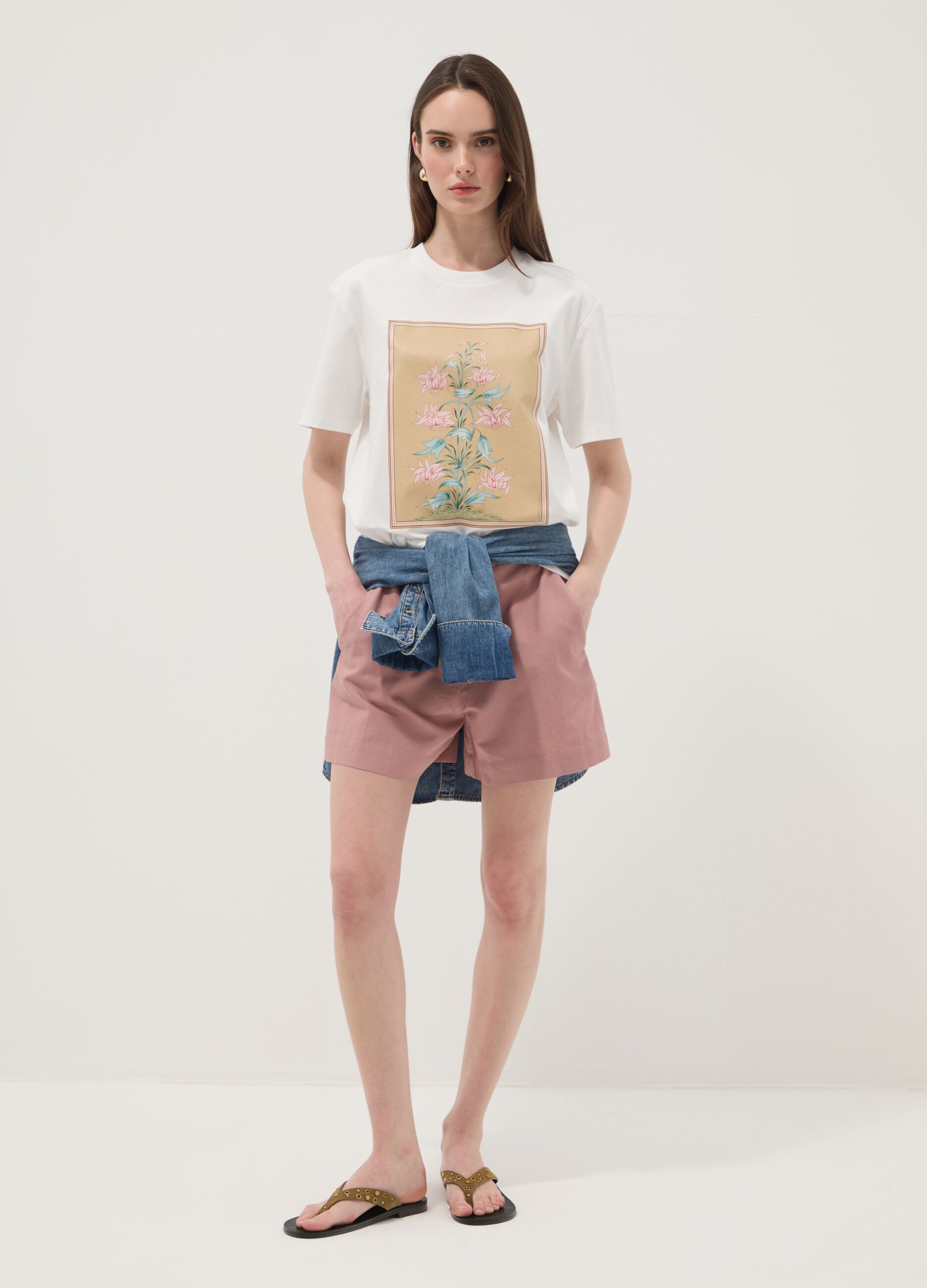 White pure cotton T-shirt with floral print