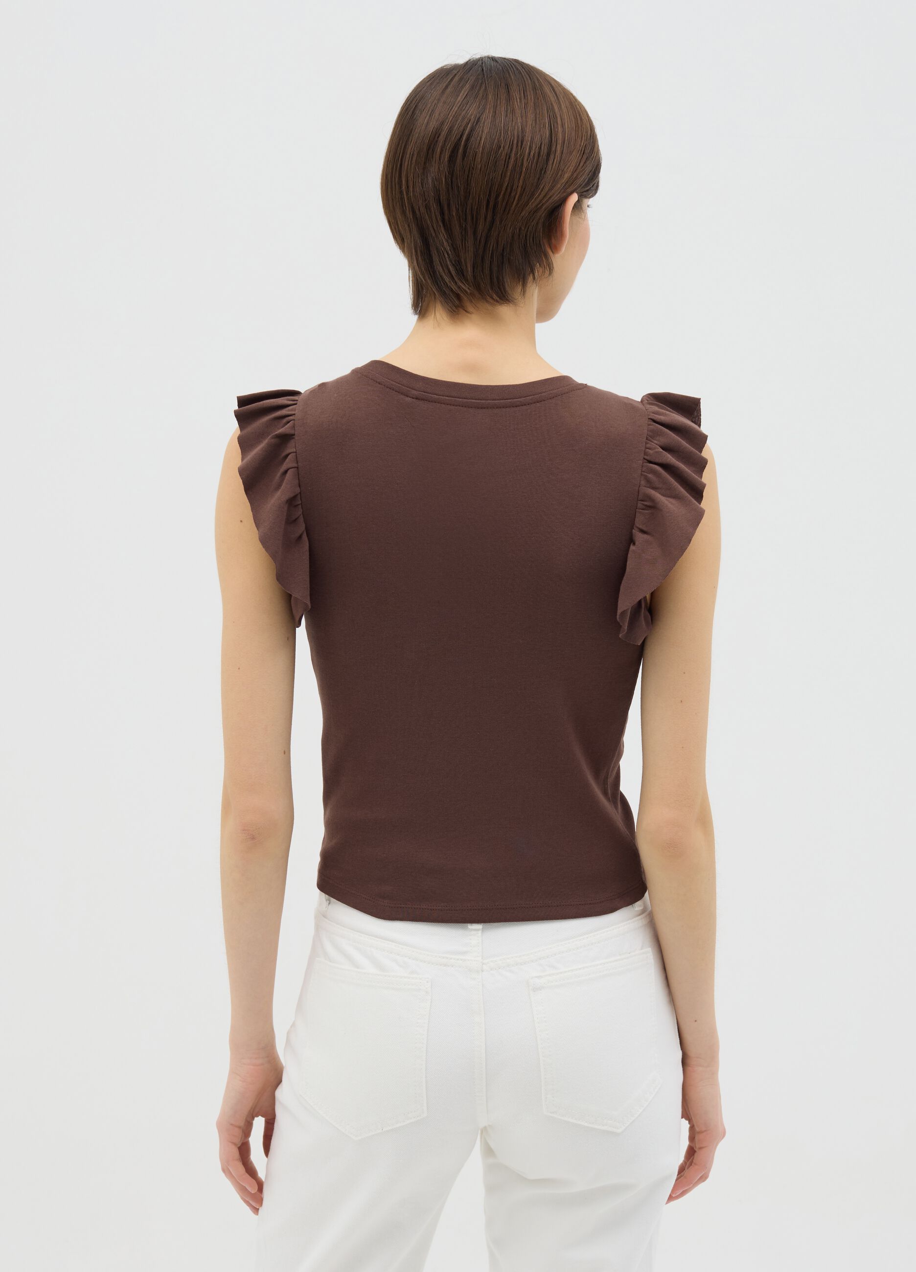 T-shirt da donna in puro cotone marrone regular fit con ruches